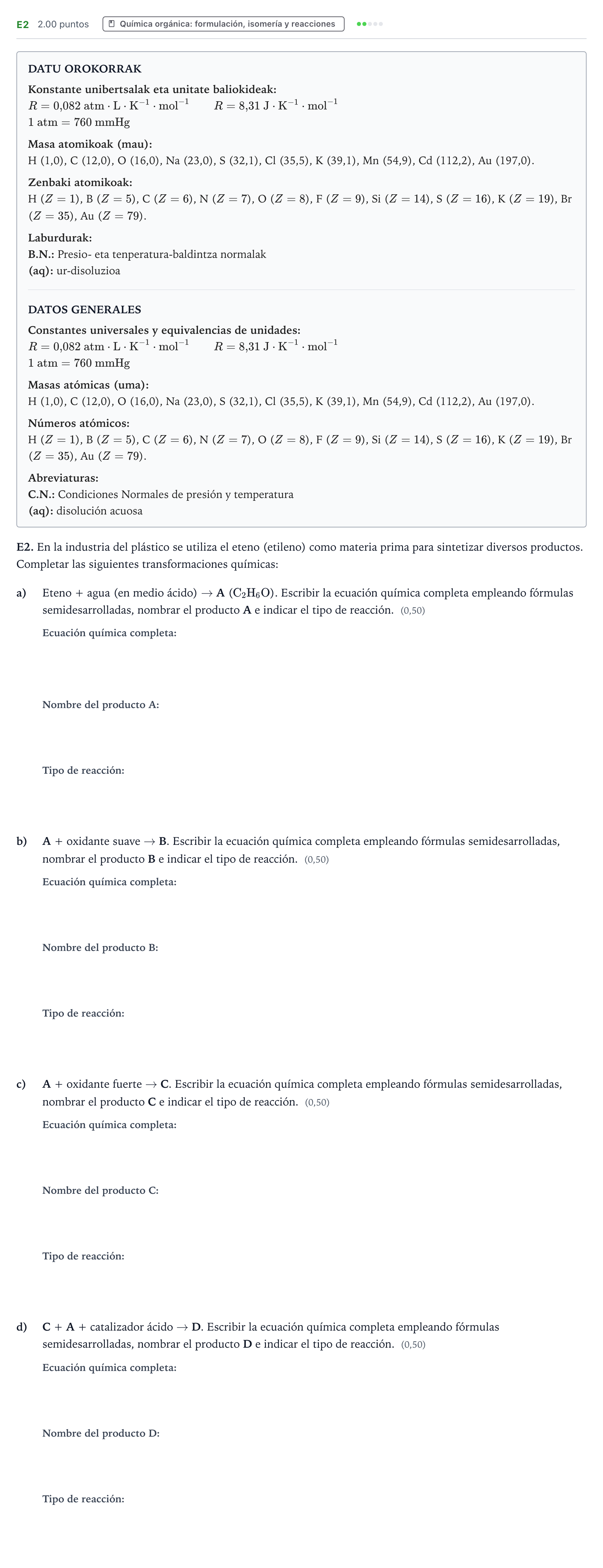 Enunciado: Ejercicio E2 · Química PAU País Vasco Extraordinaria 2026