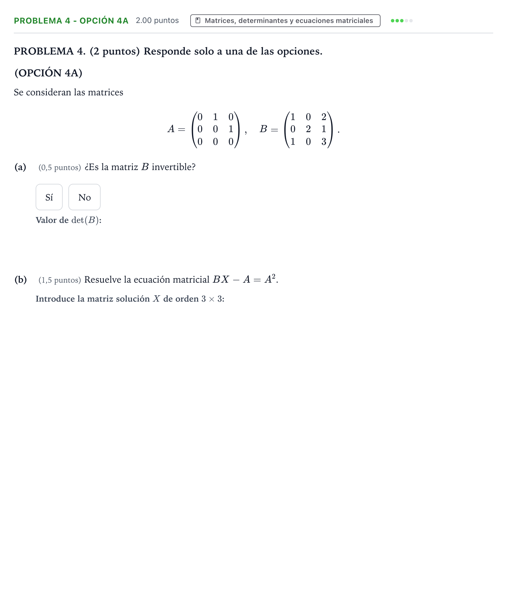 Enunciado: Problema 4 - Opción 4A · Matemáticas aplicadas a las Ciencias Sociales II PAU País Vasco Ordinaria 2026