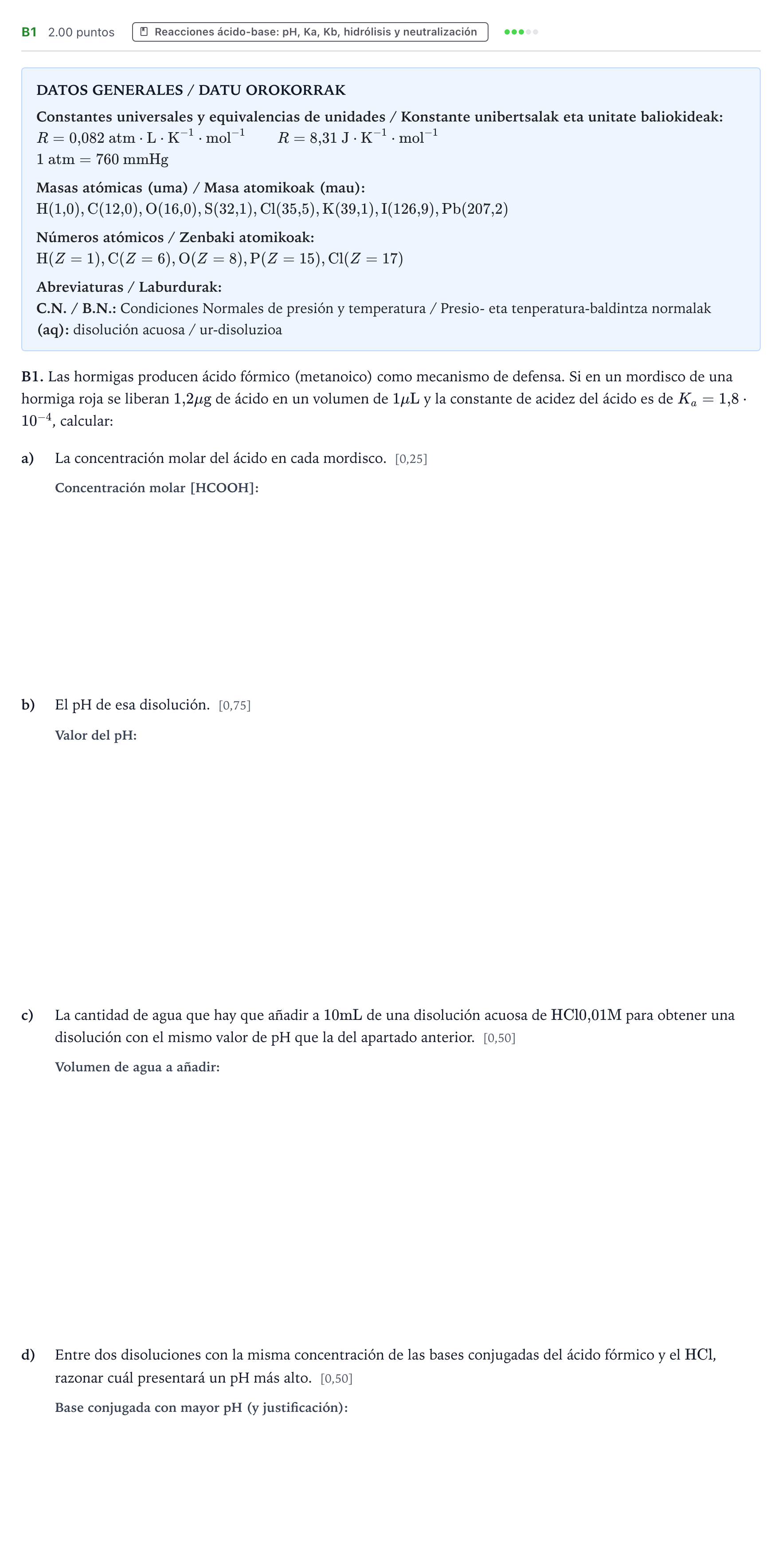 Enunciado: Ejercicio B1 · Química PAU País Vasco Ordinaria 2026