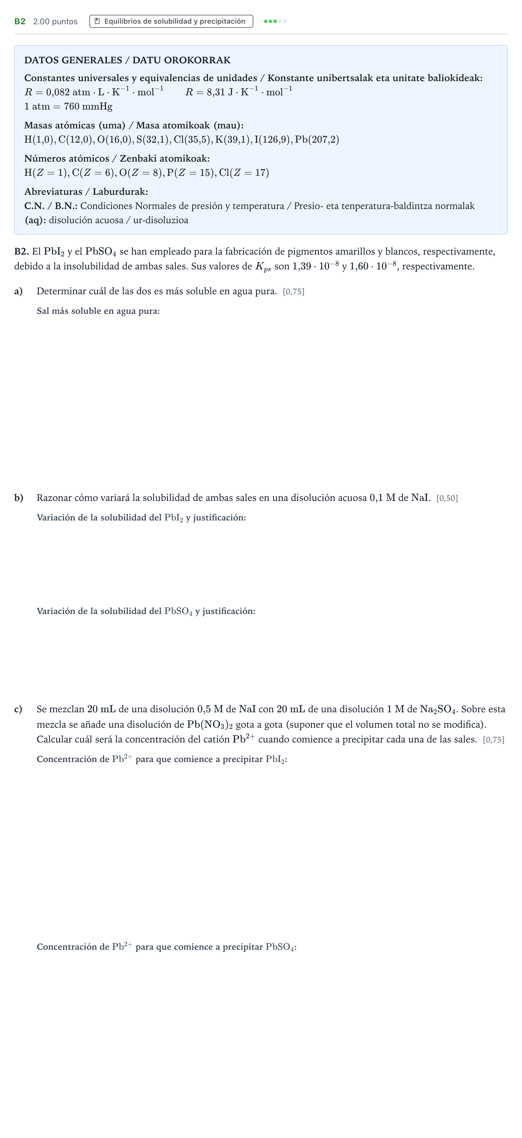 Enunciado: Ejercicio B2 · Química PAU País Vasco Ordinaria 2026