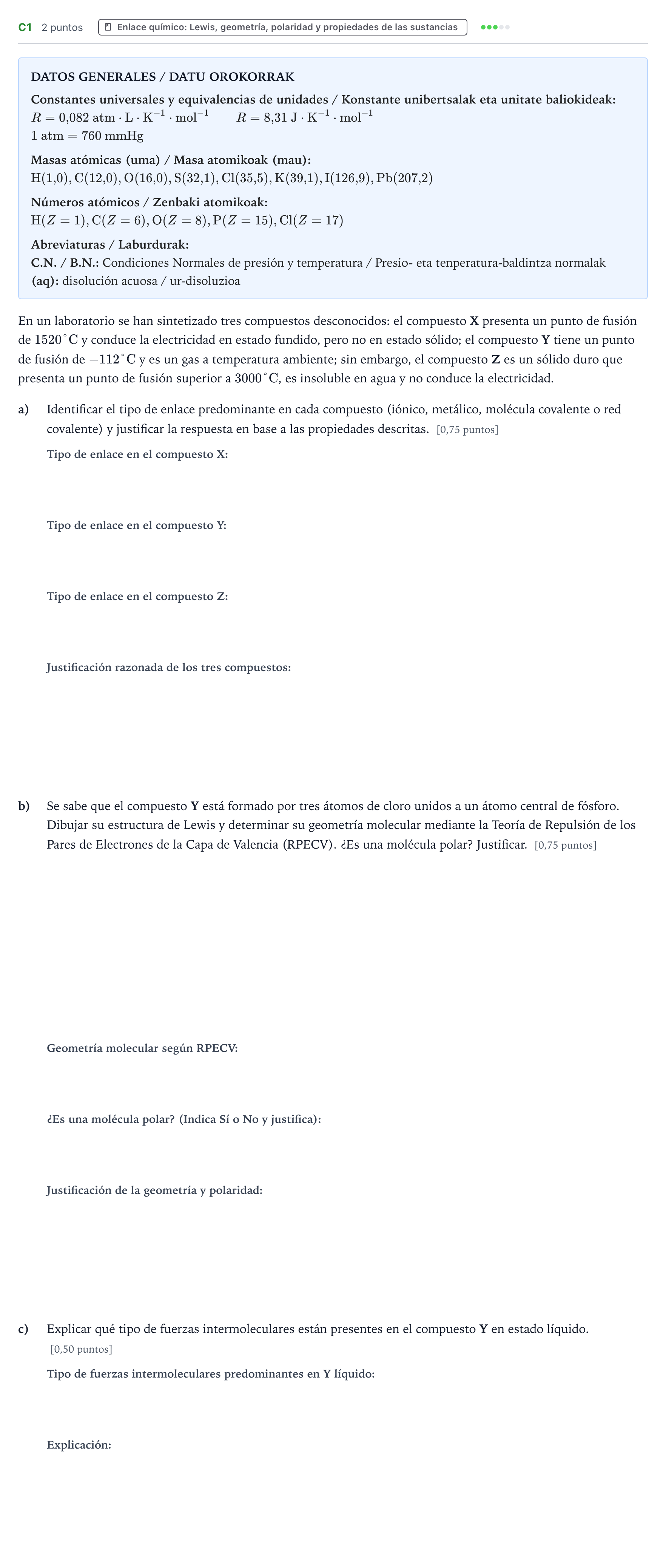 Enunciado: Ejercicio C1 · Química PAU País Vasco Ordinaria 2026
