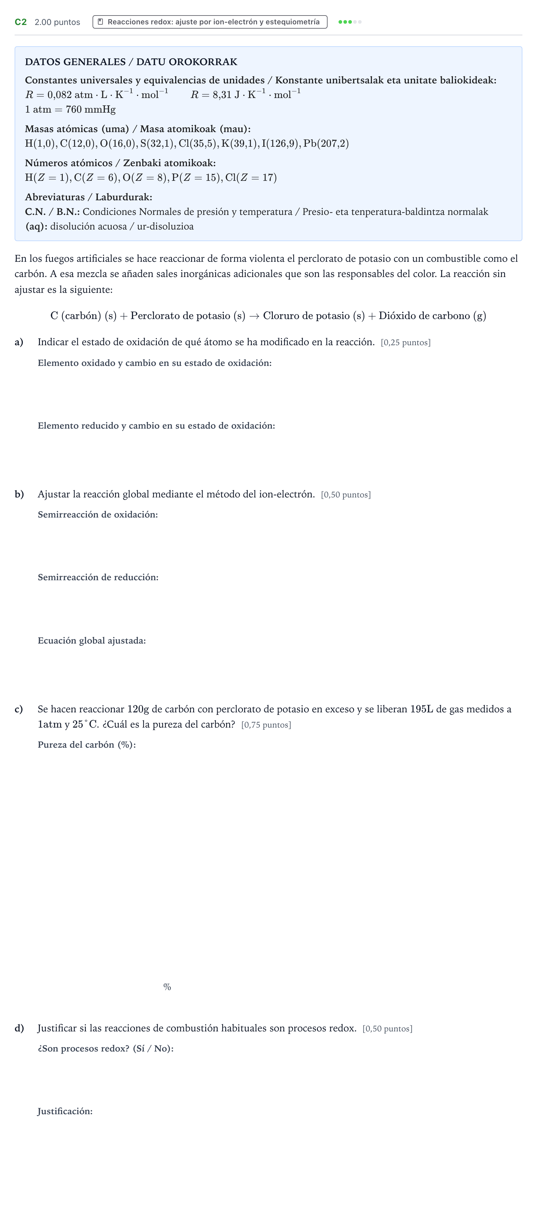 Enunciado: Ejercicio C2 · Química PAU País Vasco Ordinaria 2026
