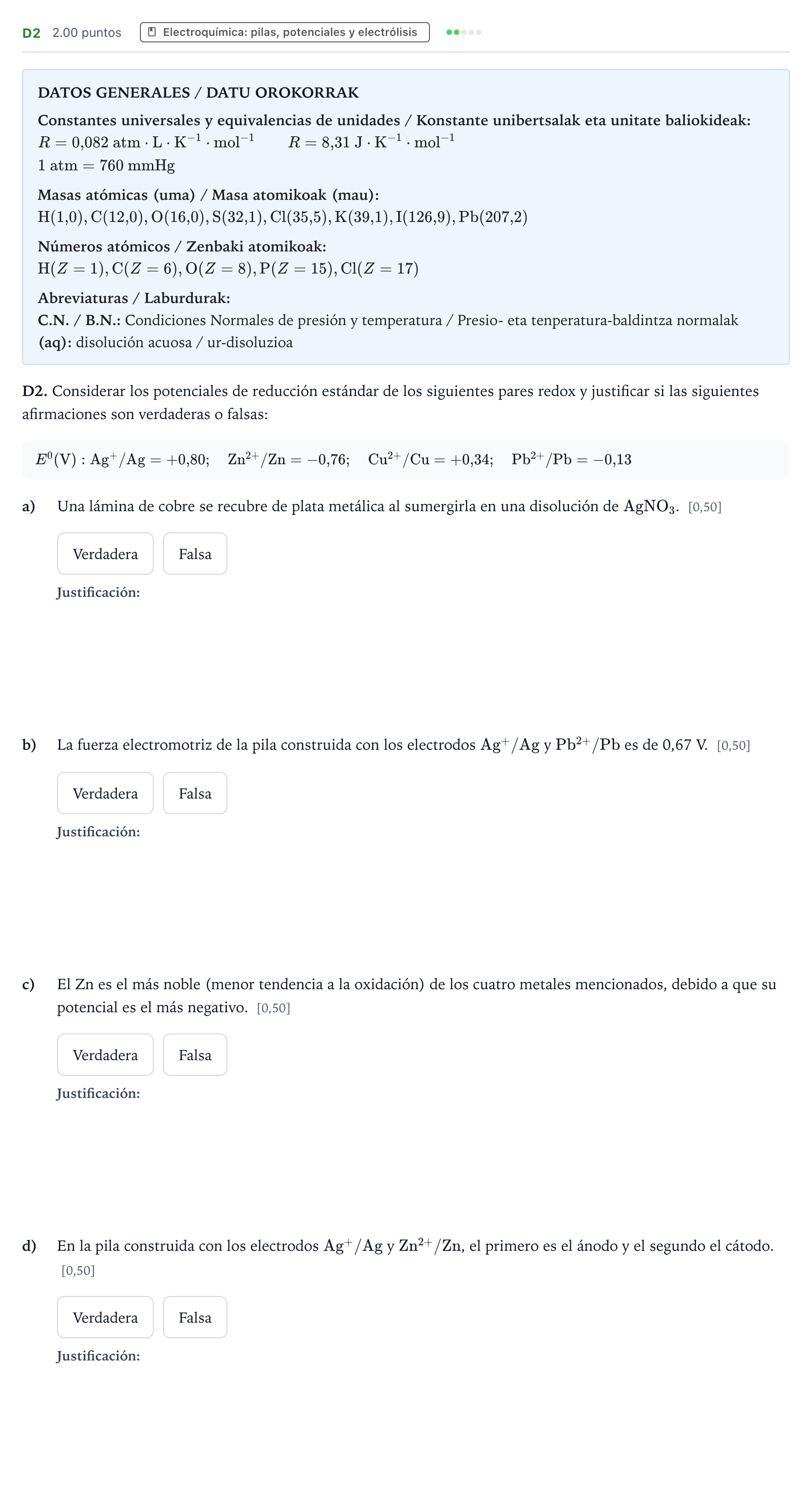 Enunciado: Ejercicio D2 · Química PAU País Vasco Ordinaria 2026