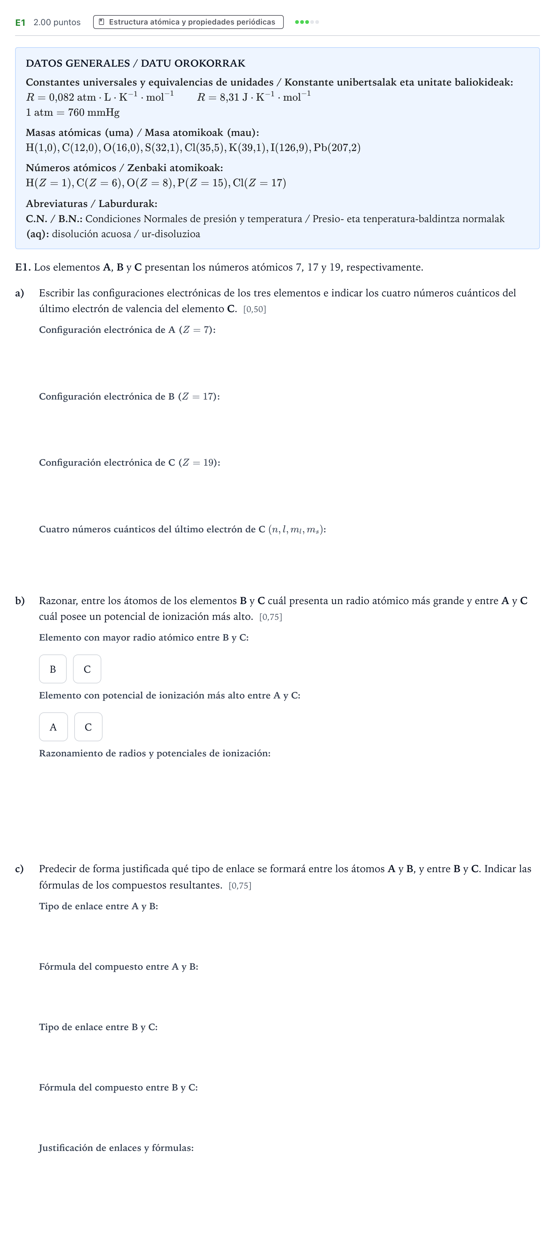 Enunciado: Ejercicio E1 · Química PAU País Vasco Ordinaria 2026