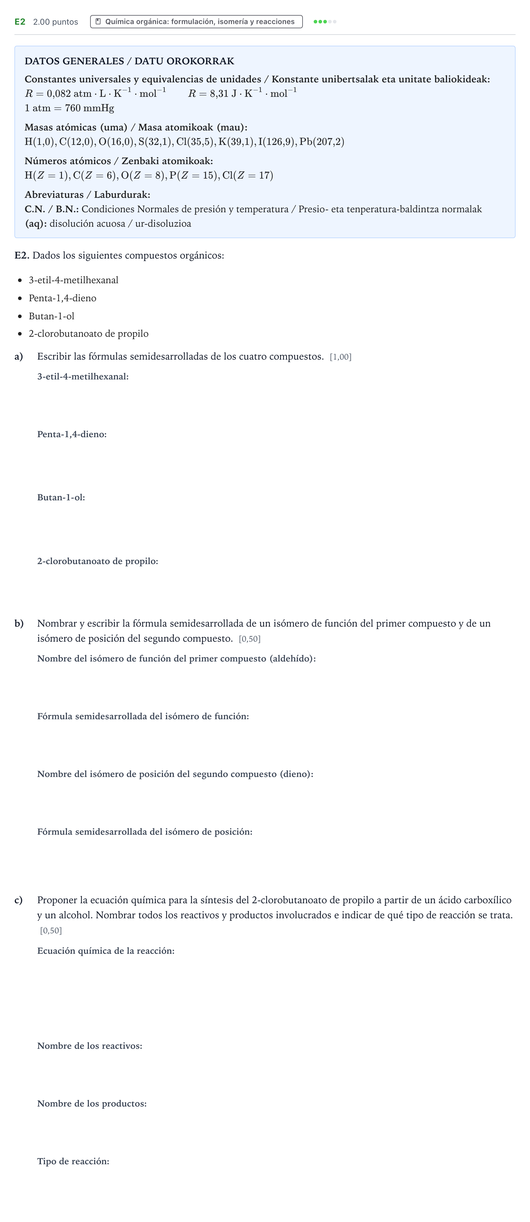 Enunciado: Ejercicio E2 · Química PAU País Vasco Ordinaria 2026