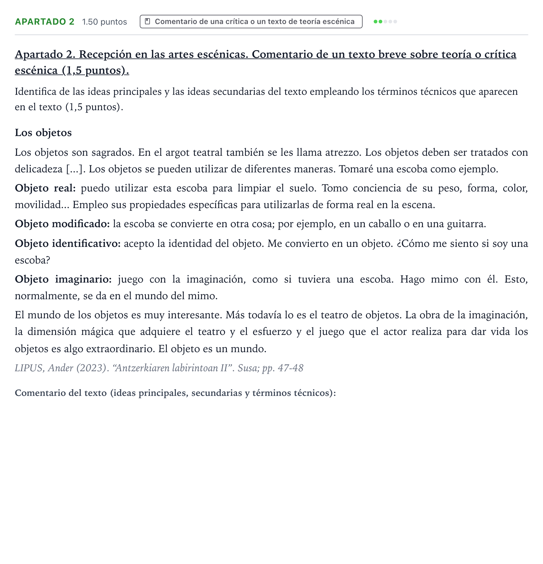 Enunciado: Apartado 2 · Artes Escénicas PAU País Vasco Extraordinaria 2025