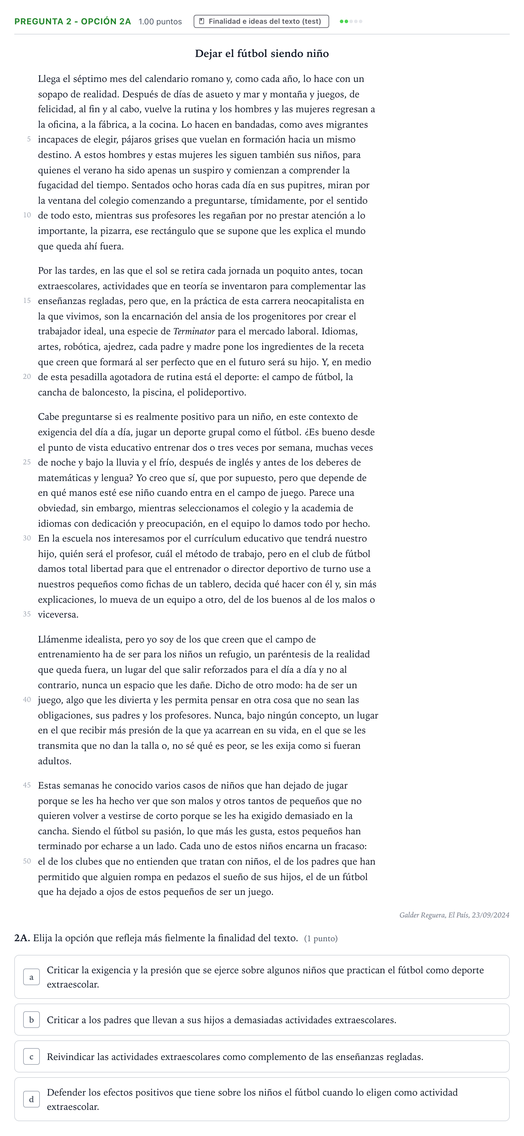 Enunciado: Pregunta 2 - Opción 2A · Lengua Castellana y Literatura II PAU País Vasco Extraordinaria 2025
