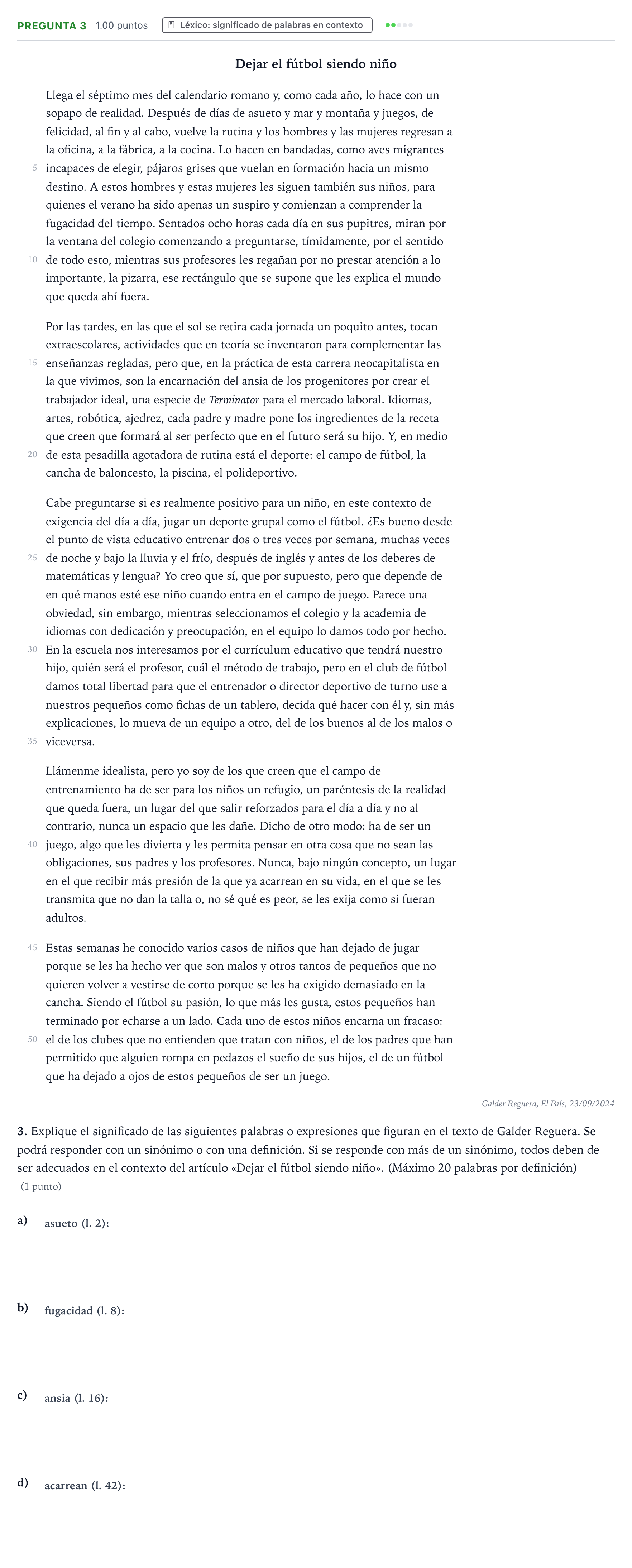 Enunciado: Pregunta 3 · Lengua Castellana y Literatura II PAU País Vasco Extraordinaria 2025