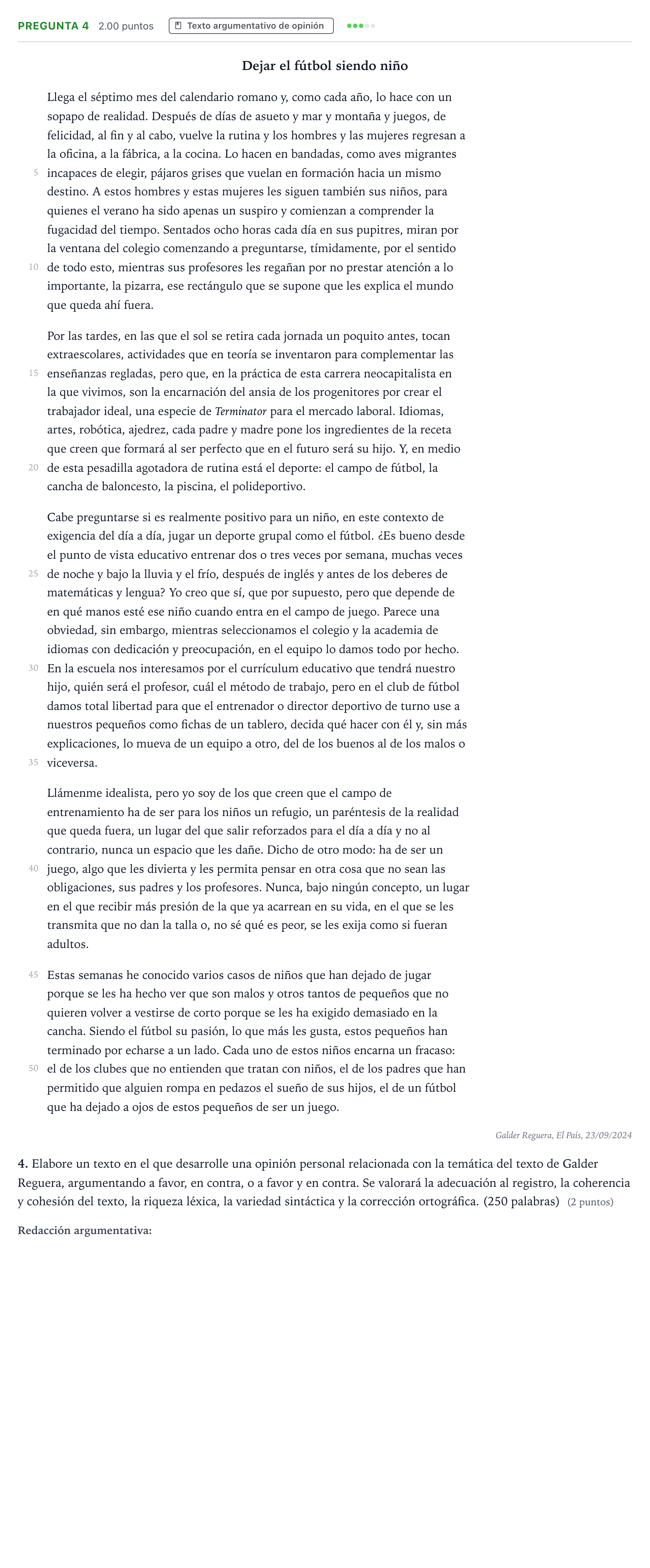 Enunciado: Pregunta 4 · Lengua Castellana y Literatura II PAU País Vasco Extraordinaria 2025