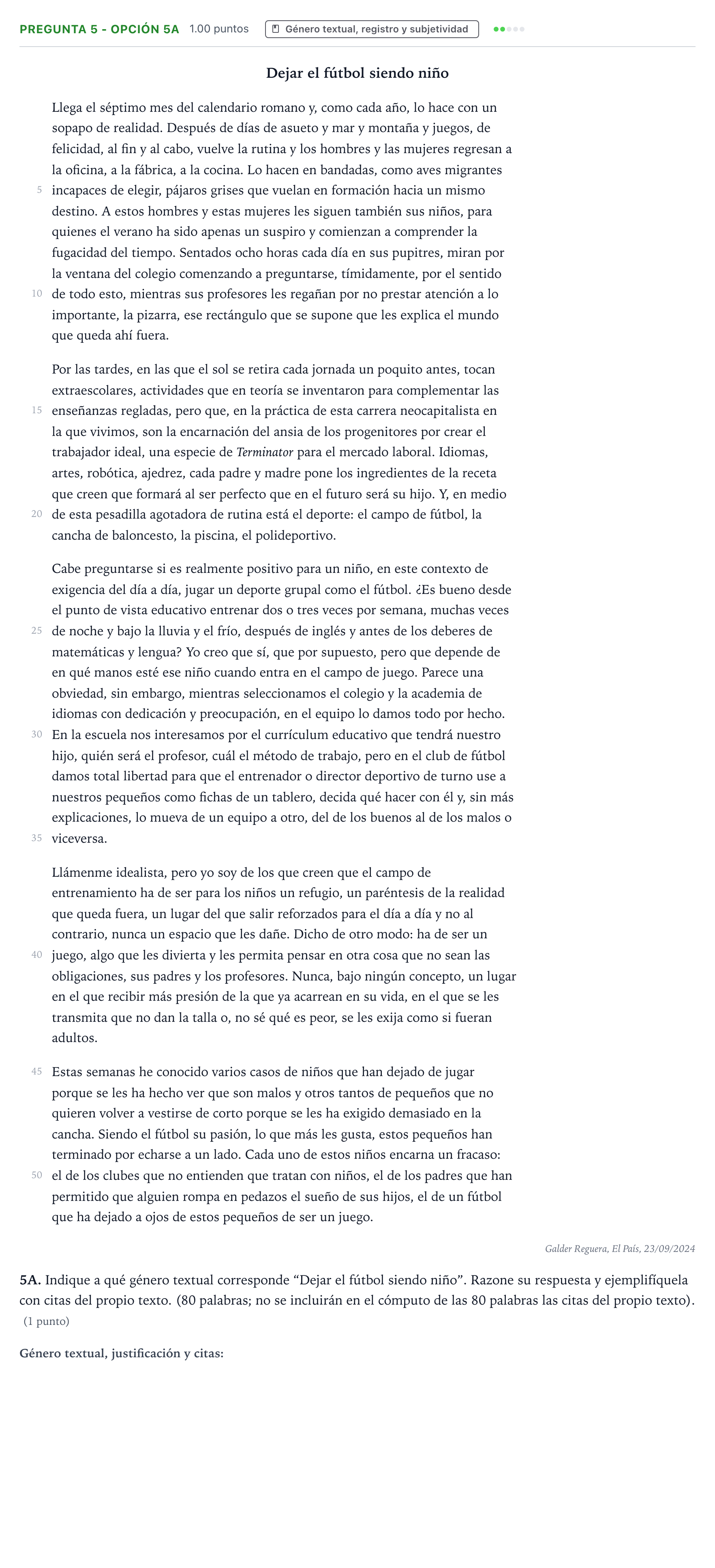 Enunciado: Pregunta 5 - Opción 5A · Lengua Castellana y Literatura II PAU País Vasco Extraordinaria 2025