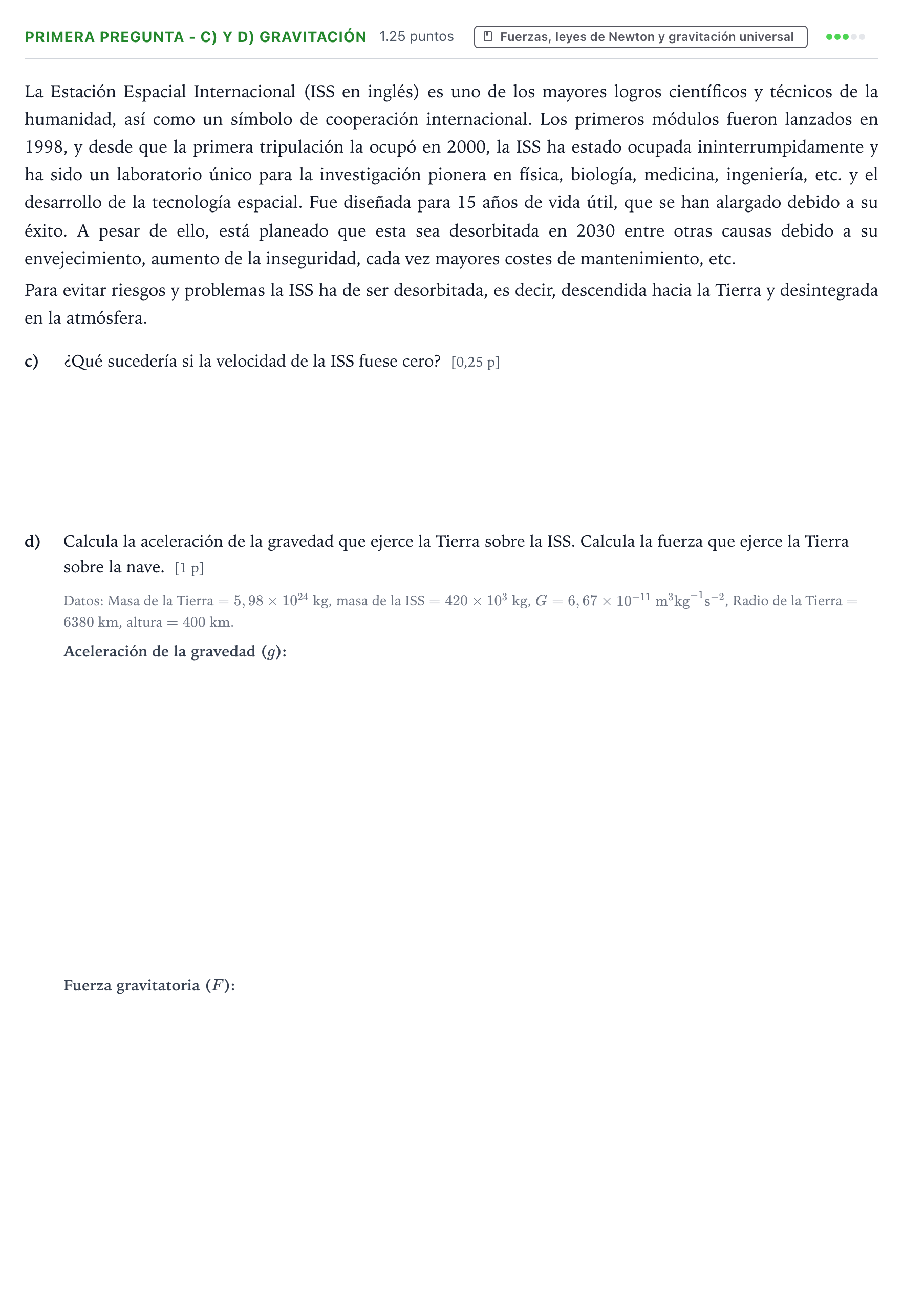 Enunciado: Ejercicio Primera Pregunta - c) y d) Gravitación · Ciencias Generales PAU País Vasco Extraordinaria 2025