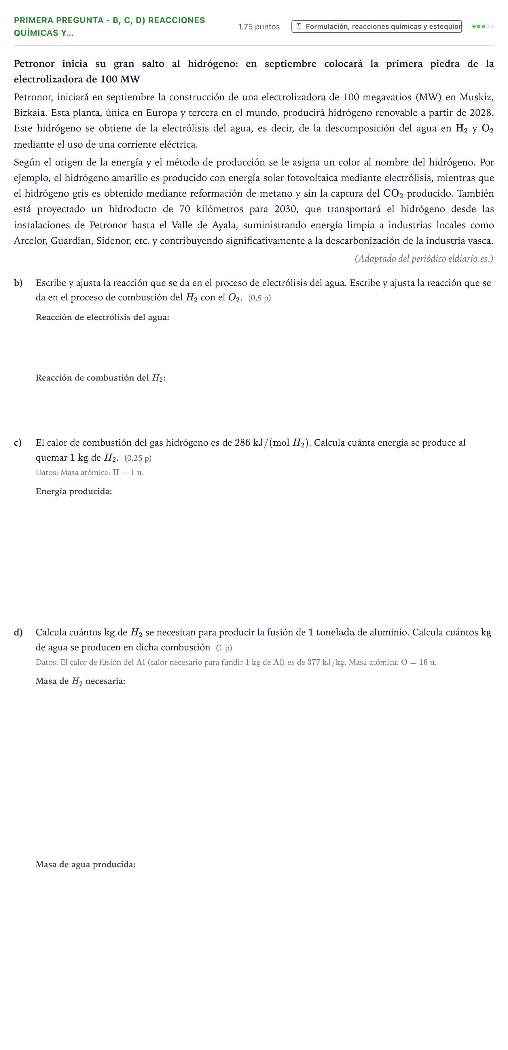 Enunciado: Ejercicio Primera pregunta - b, c, d) Reacciones químicas y… · Ciencias Generales PAU País Vasco Ordinaria 2025
