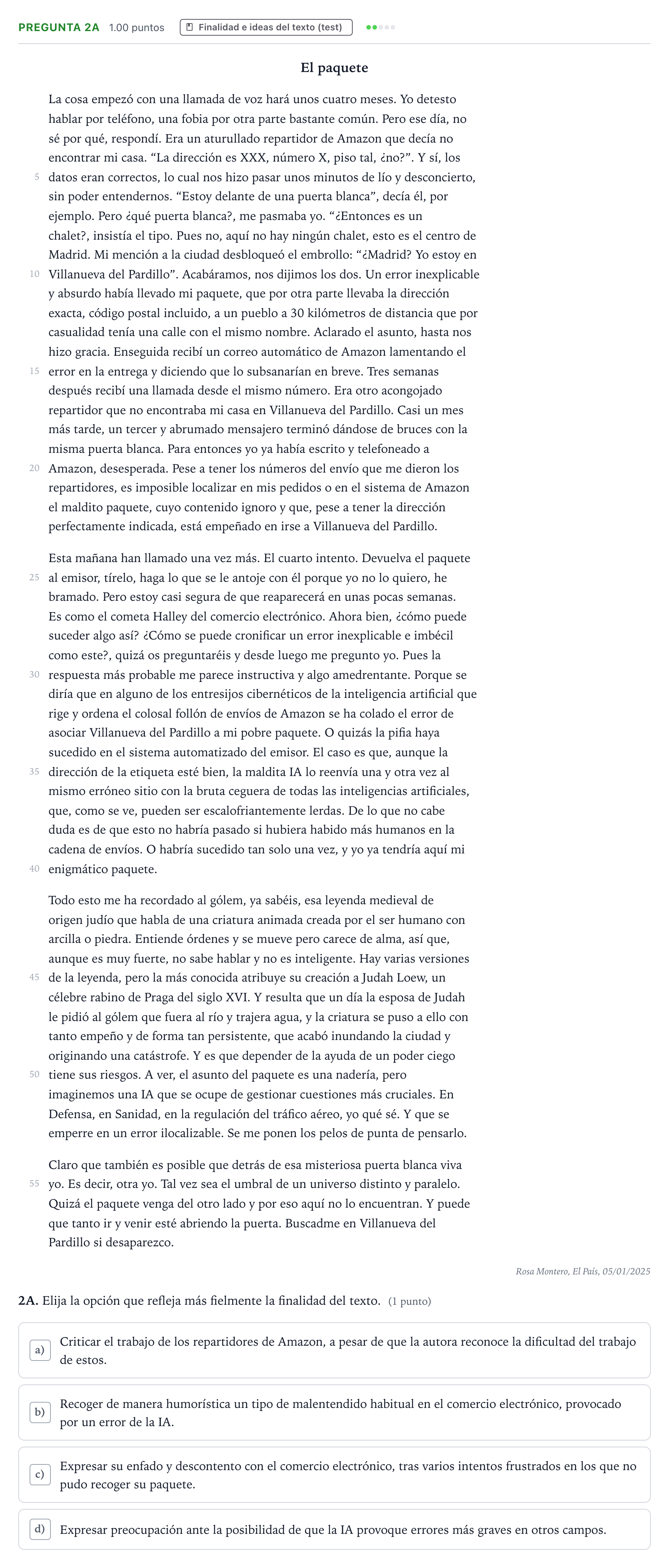 Enunciado: Pregunta 2A · Lengua Castellana y Literatura II PAU País Vasco Ordinaria 2025