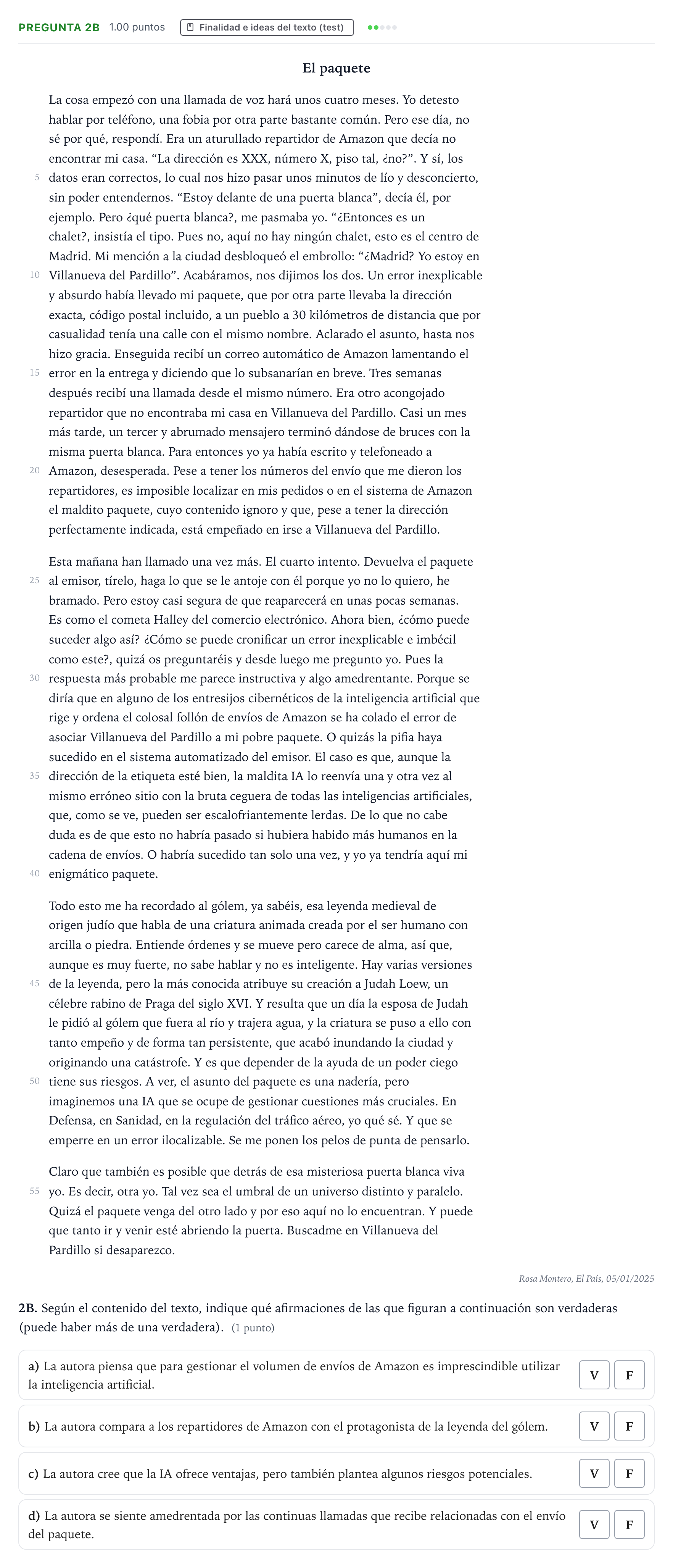 Enunciado: Pregunta 2B · Lengua Castellana y Literatura II PAU País Vasco Ordinaria 2025