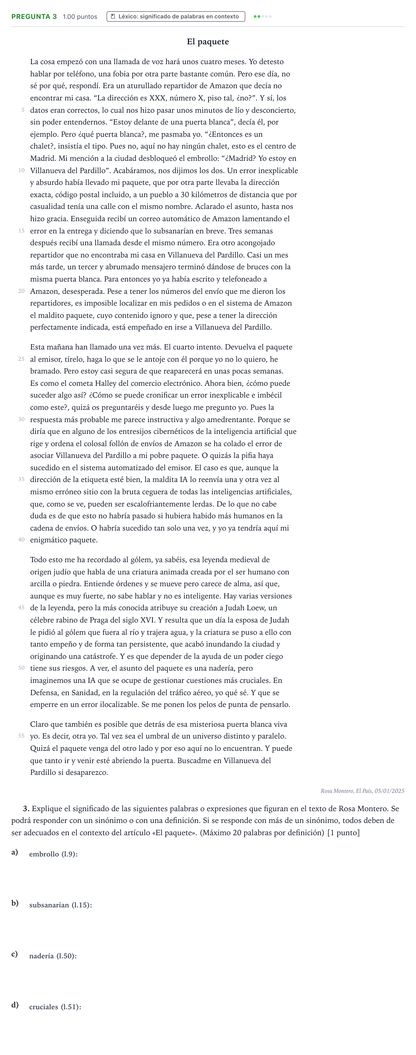 Enunciado: Pregunta 3 · Lengua Castellana y Literatura II PAU País Vasco Ordinaria 2025
