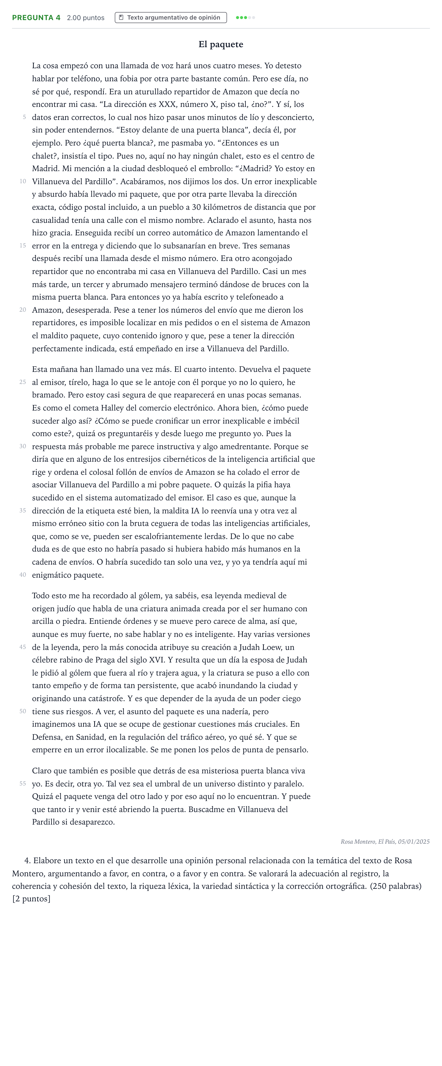 Enunciado: Pregunta 4 · Lengua Castellana y Literatura II PAU País Vasco Ordinaria 2025