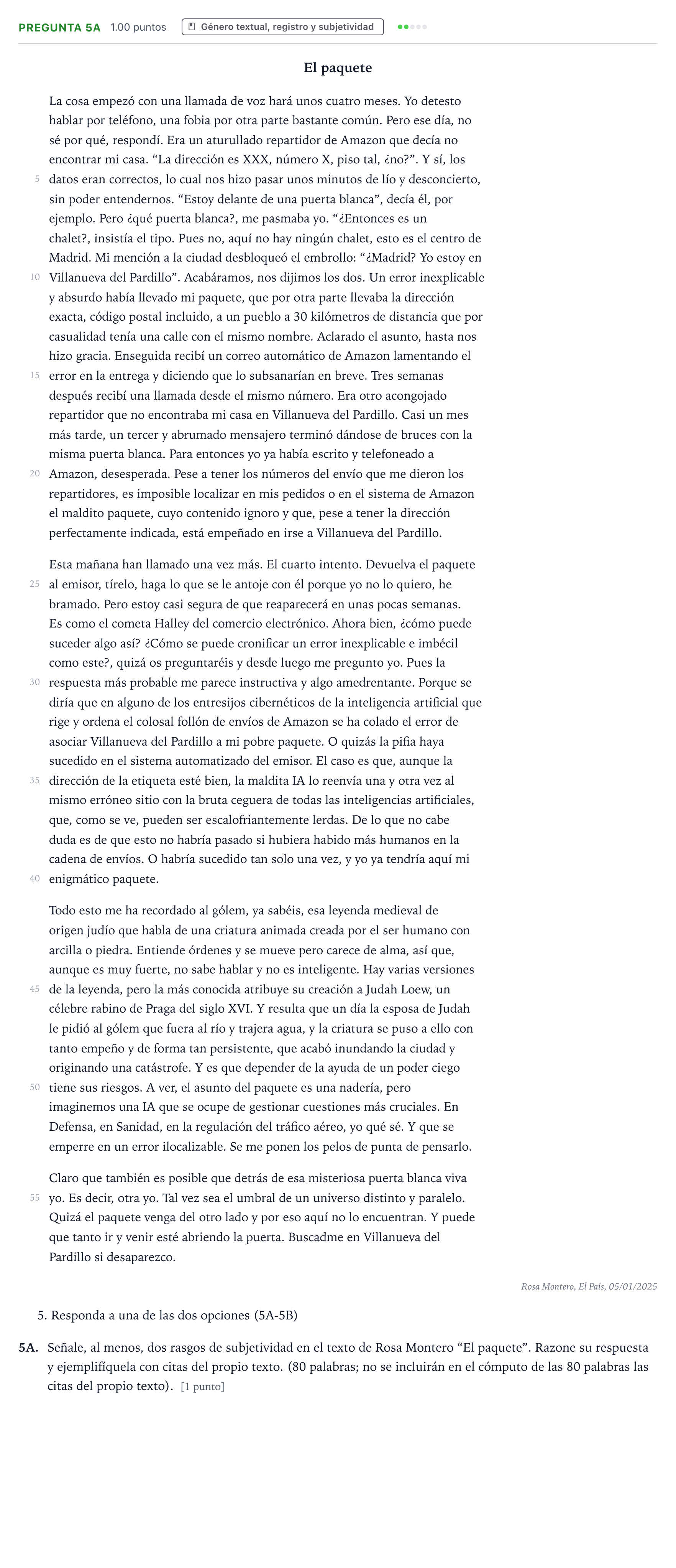 Enunciado: Pregunta 5A · Lengua Castellana y Literatura II PAU País Vasco Ordinaria 2025