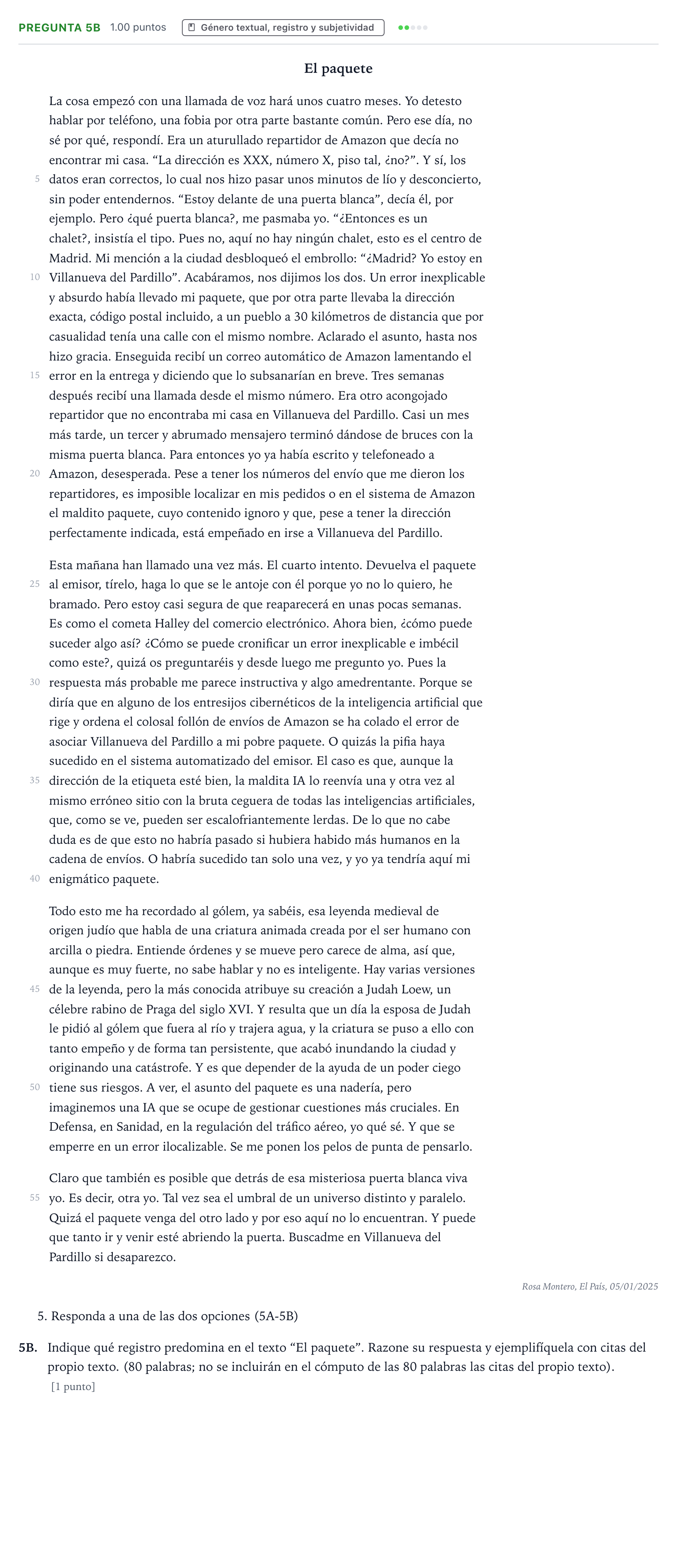 Enunciado: Pregunta 5B · Lengua Castellana y Literatura II PAU País Vasco Ordinaria 2025
