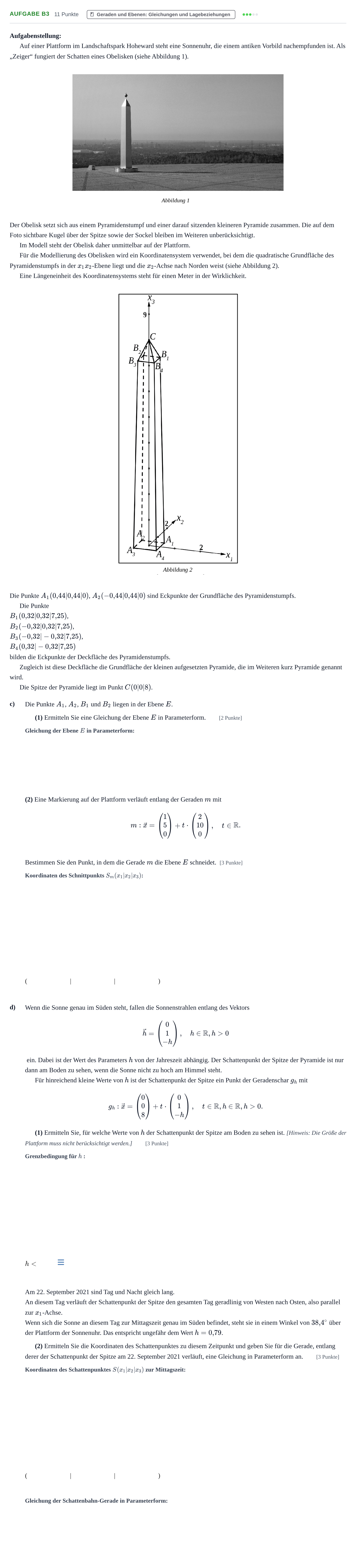 Aufgabenstellung: Aufgabe B3 - Geraden und Ebenen: Gleichungen und… · Abitur NRW Mathematik GK · Haupttermin · GTR · Weiterbildungsk 2021
