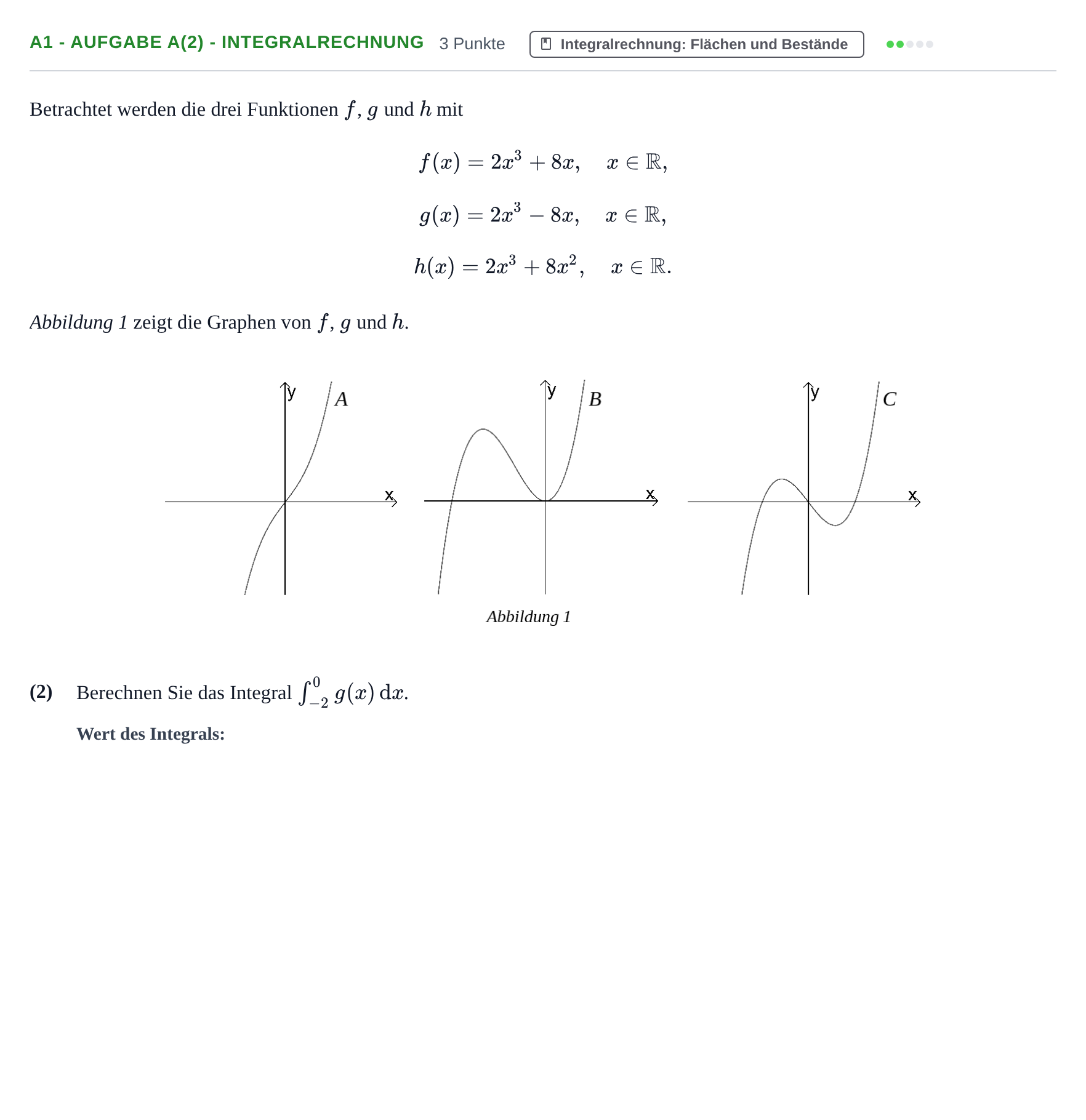 Aufgabenstellung: Aufgabe A1 - Aufgabe a(2) - Integralrechnung · Abitur NRW Mathematik GK · Nachtermin · CAS 2021