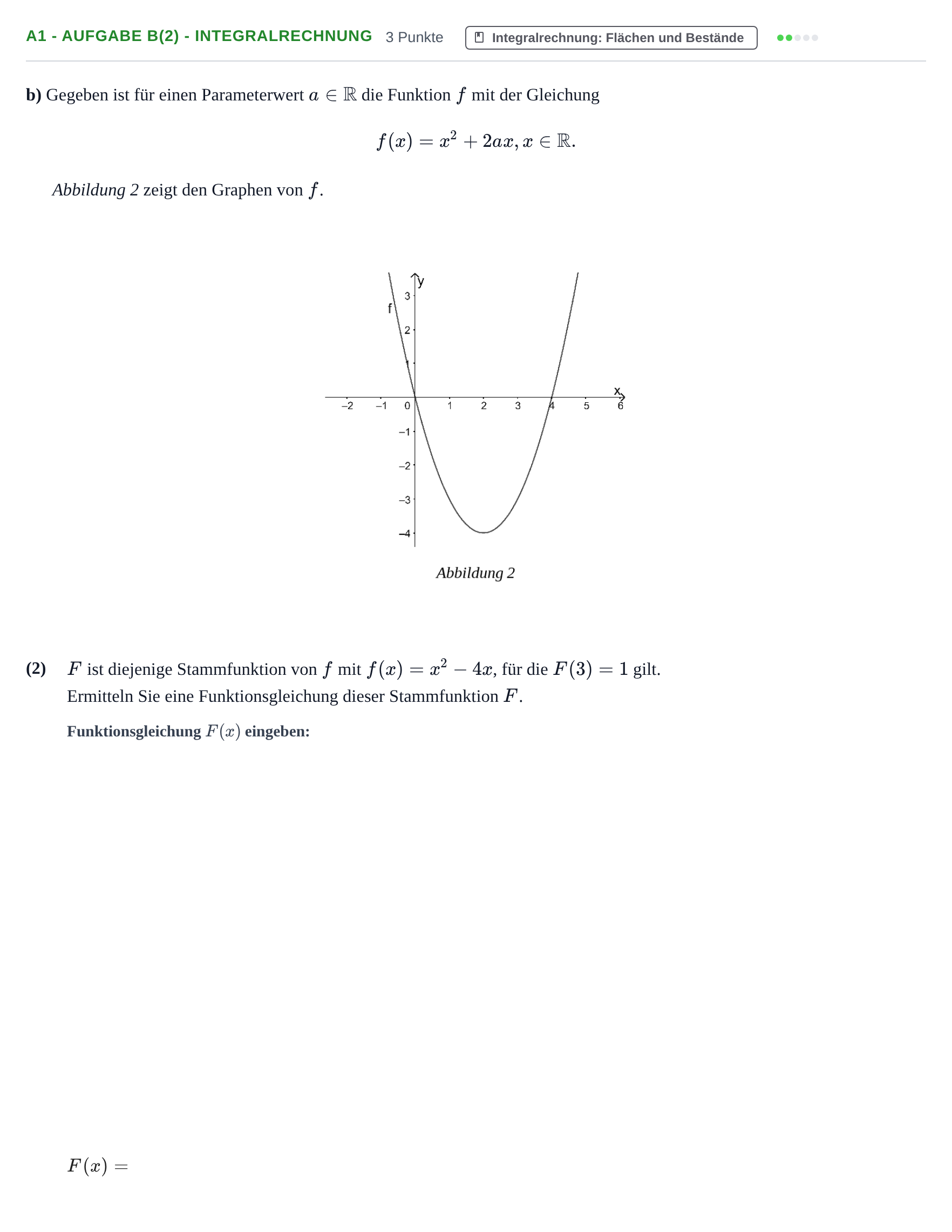Aufgabenstellung: Aufgabe A1 - Aufgabe b(2) - Integralrechnung · Abitur NRW Mathematik GK · Nachtermin · CAS 2021