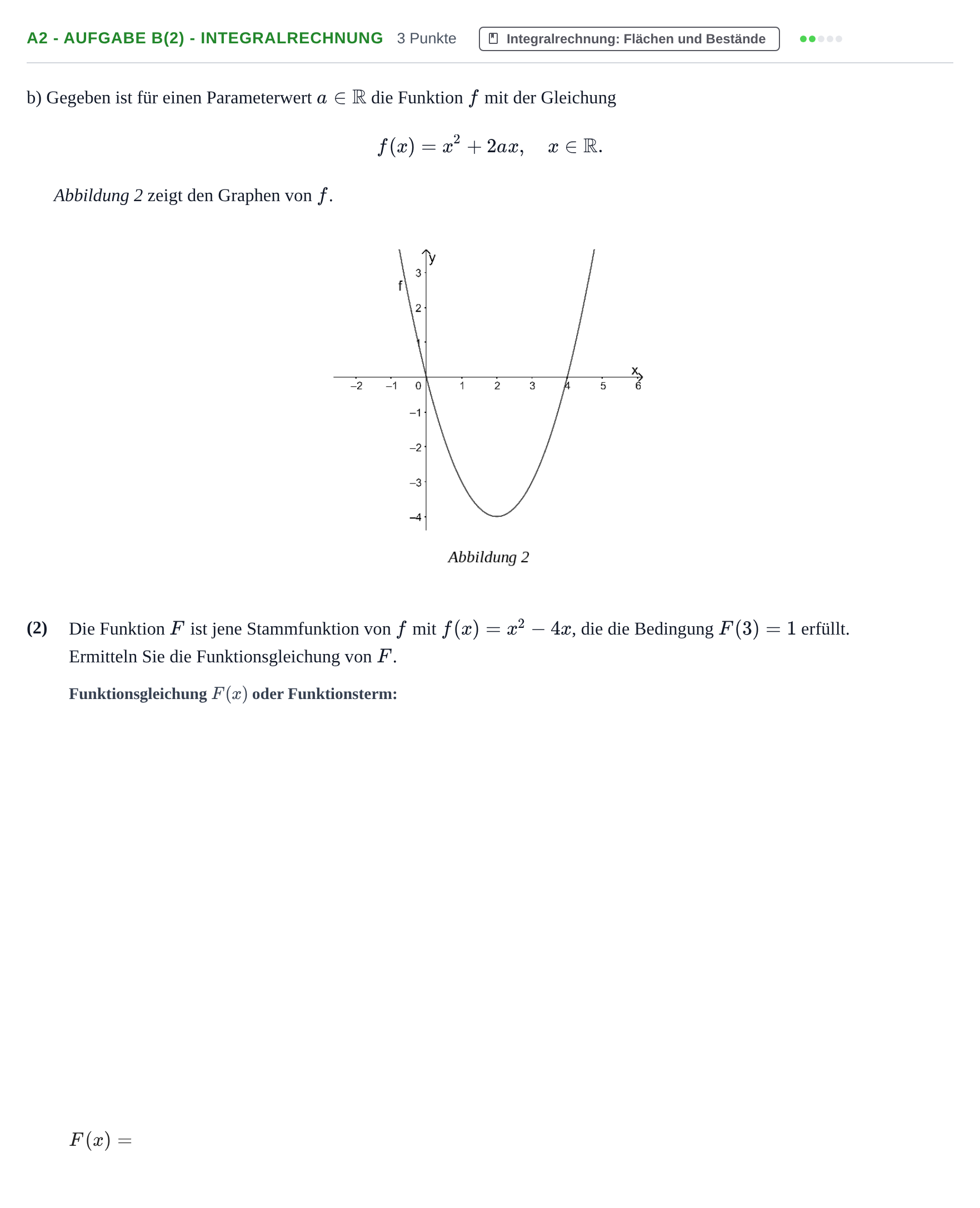 Aufgabenstellung: Aufgabe A2 - Aufgabe b(2) - Integralrechnung · Abitur NRW Mathematik GK · Nachtermin · CAS 2021