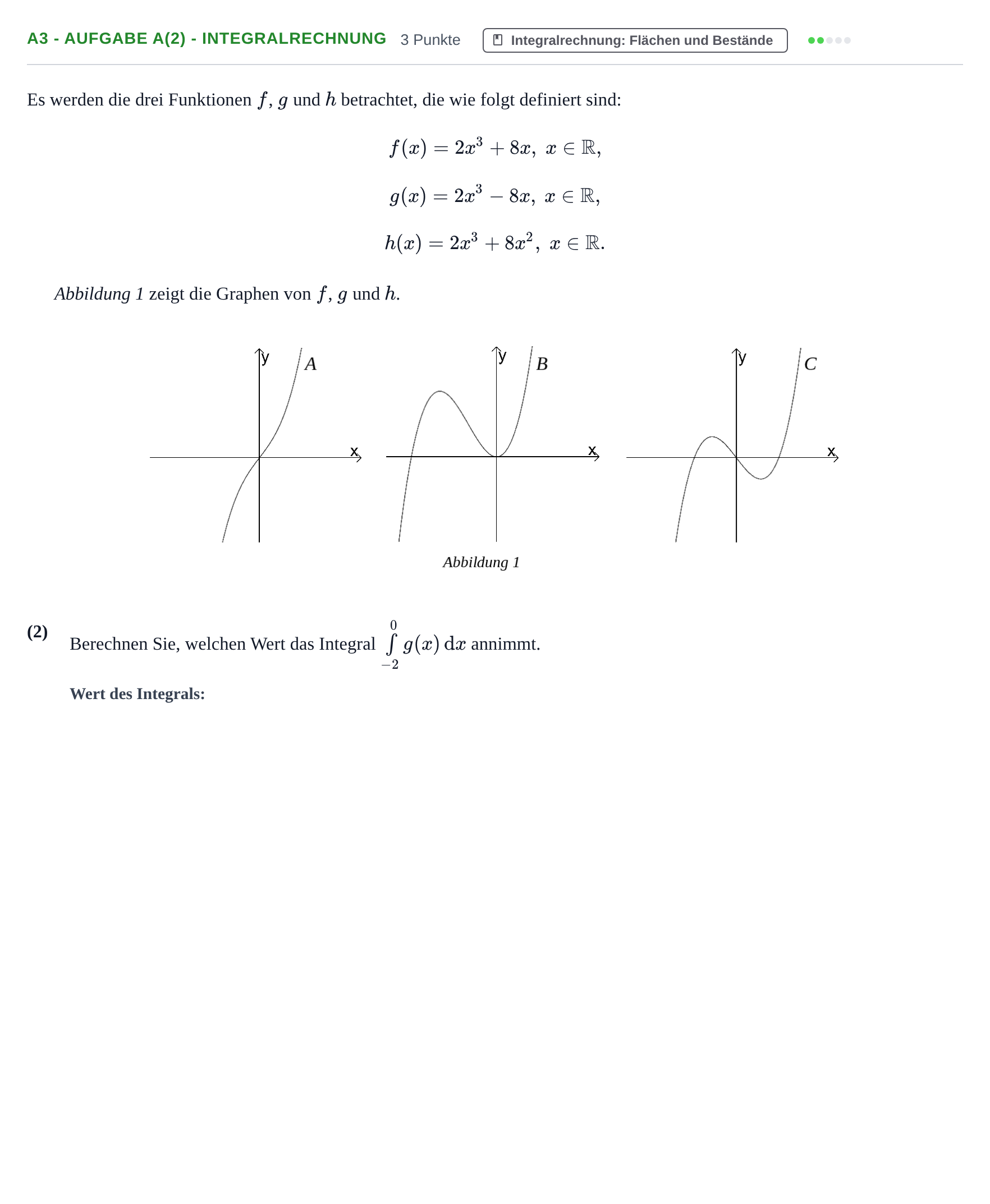 Aufgabenstellung: Aufgabe A3 - Aufgabe a(2) - Integralrechnung · Abitur NRW Mathematik GK · Nachtermin · CAS 2021