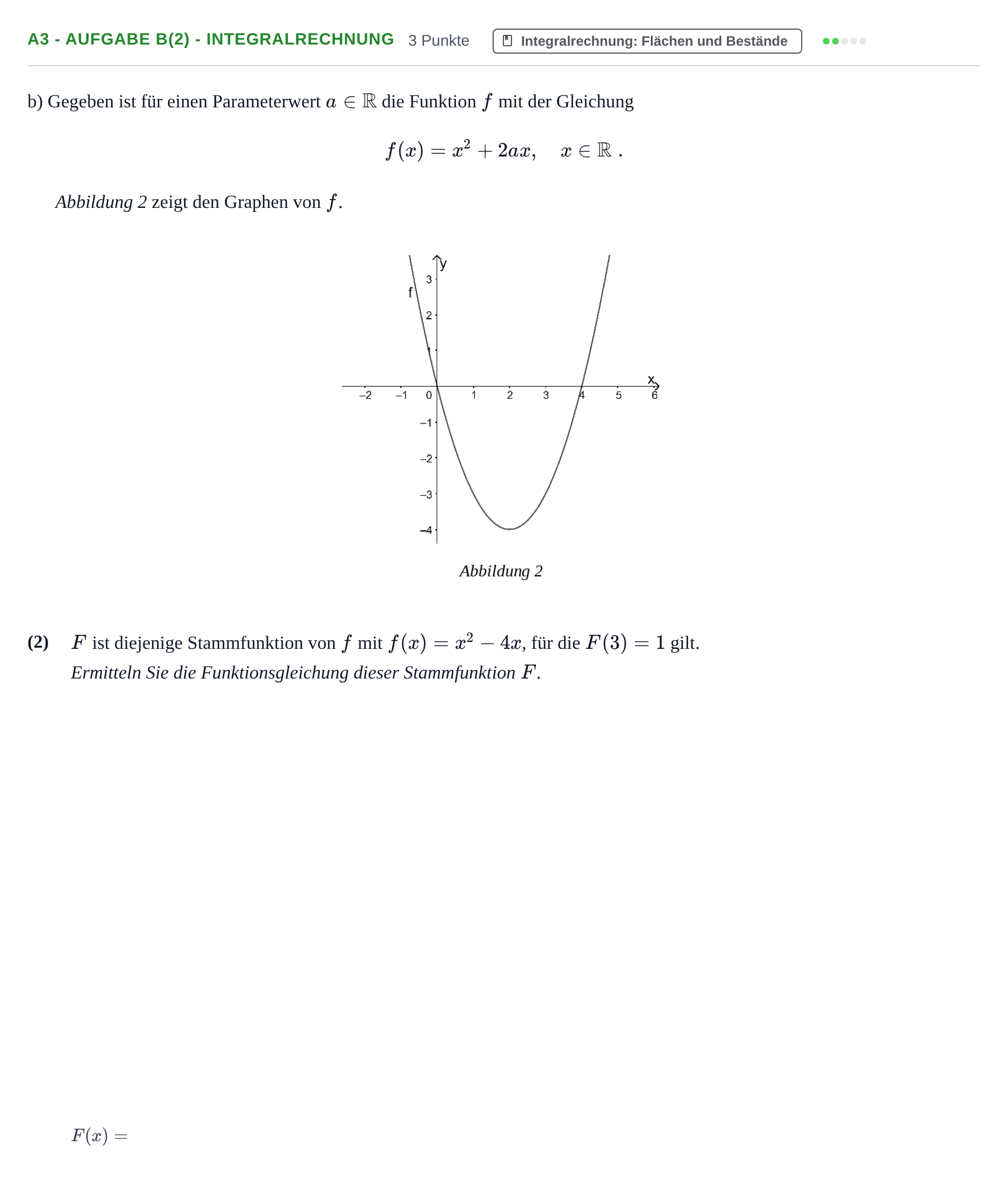 Aufgabenstellung: Aufgabe A3 - Aufgabe b(2) - Integralrechnung · Abitur NRW Mathematik GK · Nachtermin · CAS 2021