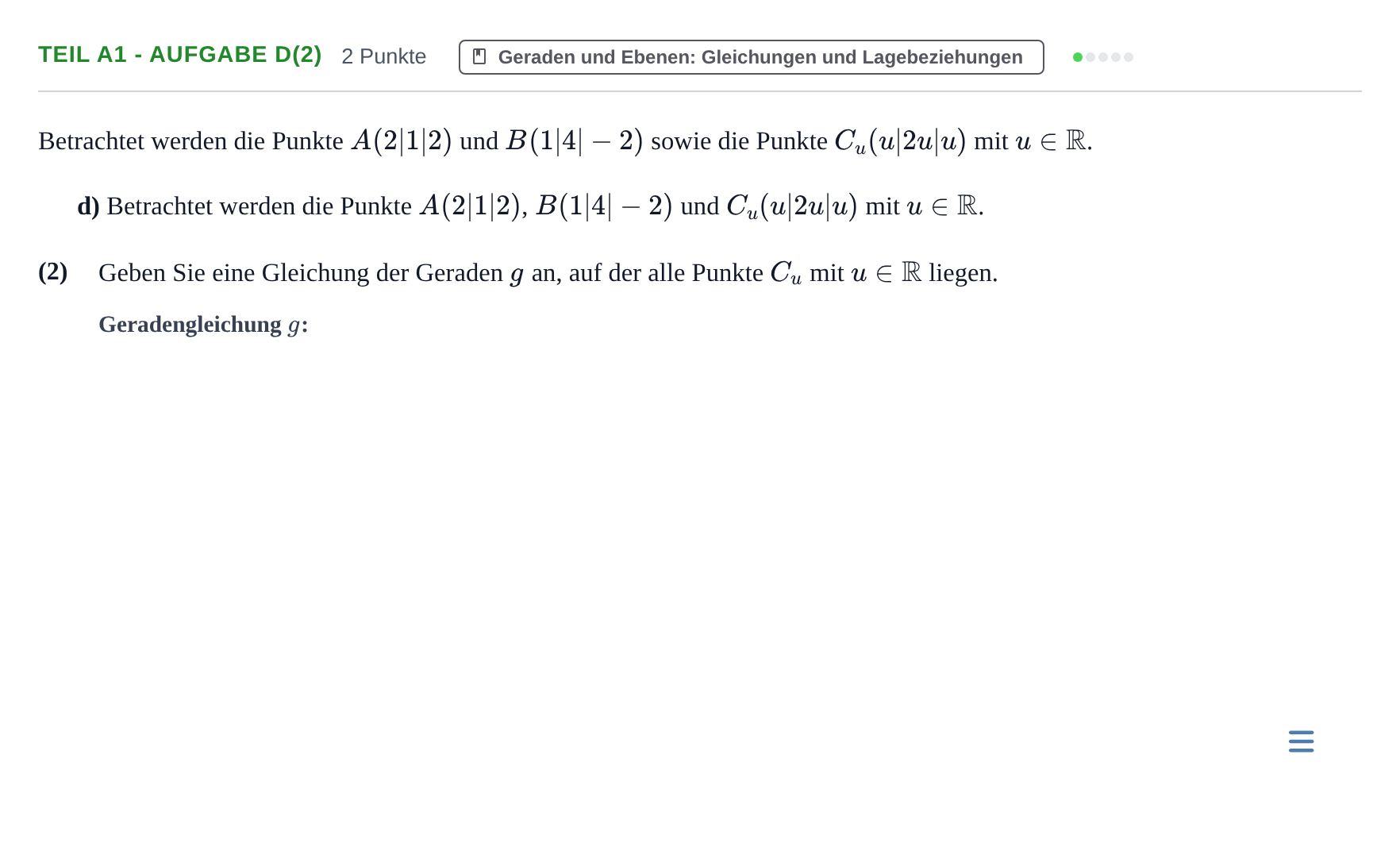 Aufgabenstellung: Teil A1 - Aufgabe d(2) · Abitur NRW Mathematik GK · Nachtermin · GTR 2021