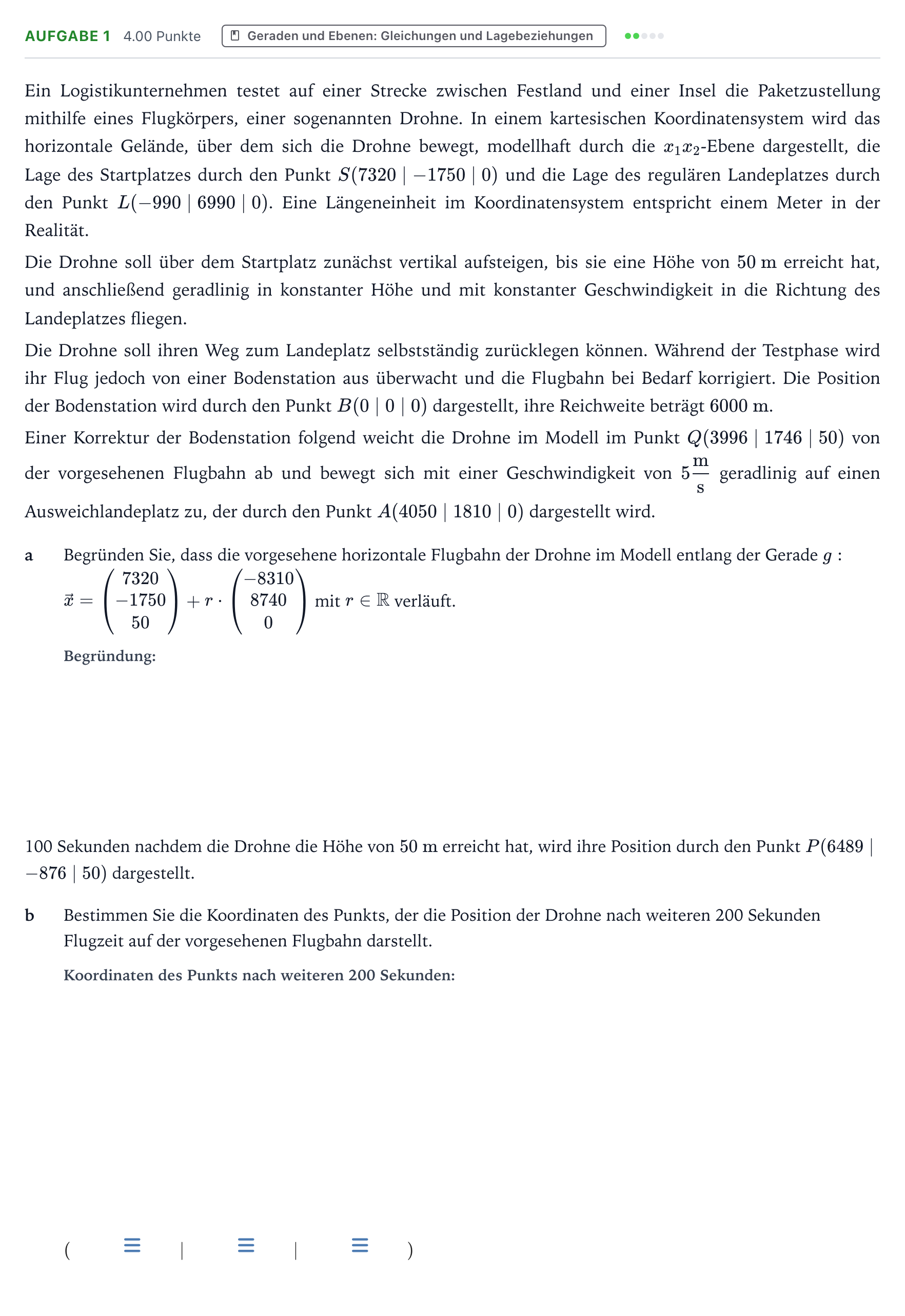 Aufgabenstellung: Aufgabe 1 - Geraden und Ebenen: Gleichungen und Lagebezie… · Abitur NRW Mathematik GK · Teil B · Analytische Geometrie (CAS 2019