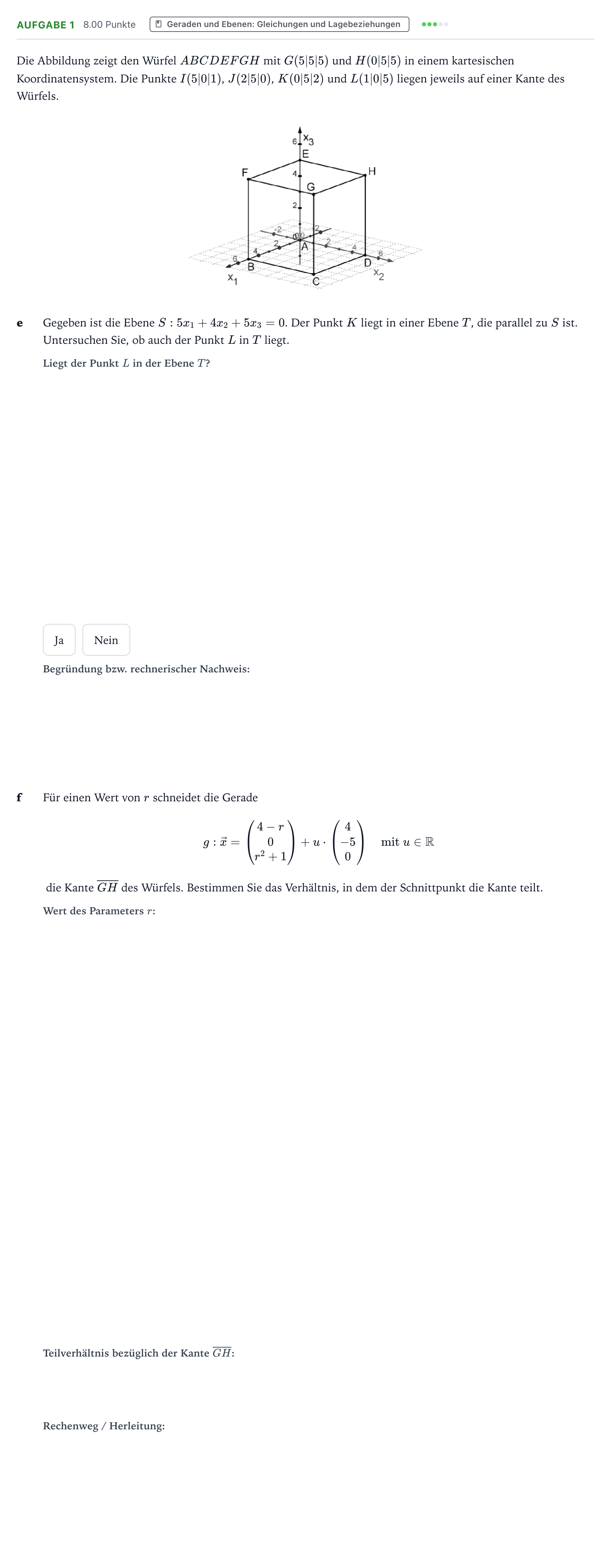 Aufgabenstellung: Aufgabe 1 - Geraden und Ebenen: Gleichungen und L… · Abitur NRW Mathematik GK · Teil B · Analytische Geometrie (WTR 2019