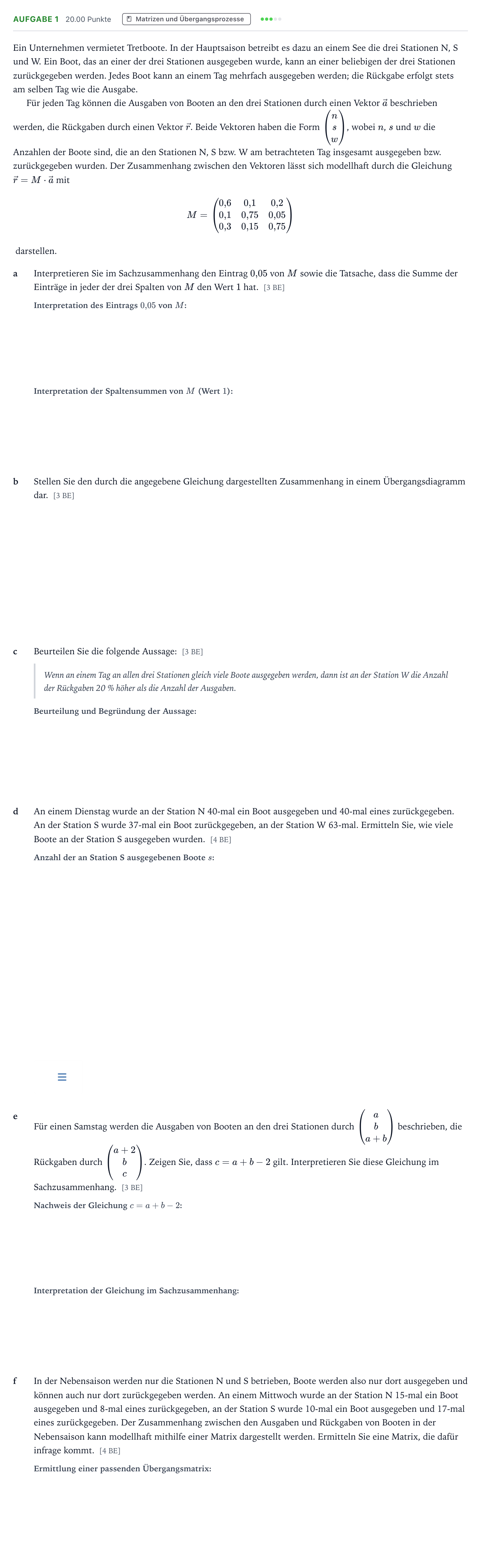 Aufgabenstellung: Aufgabe 1 · Abitur NRW Mathematik GK · Teil B · Lineare Algebra (WTR) 2019
