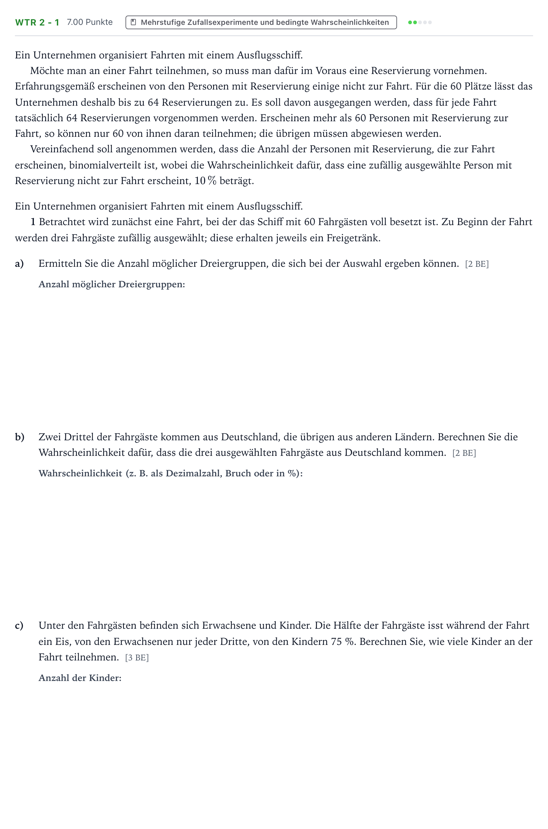 Aufgabenstellung: Aufgabe WTR 2 - 1 · Abitur NRW Mathematik LK · Teil B · Stochastik (WTR) 2019