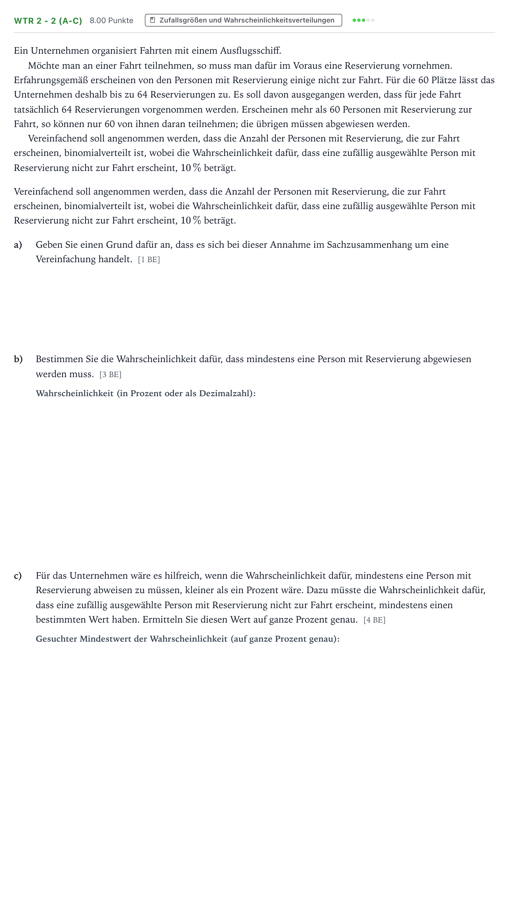 Aufgabenstellung: Aufgabe WTR 2 - 2 (a-c) · Abitur NRW Mathematik LK · Teil B · Stochastik (WTR) 2019