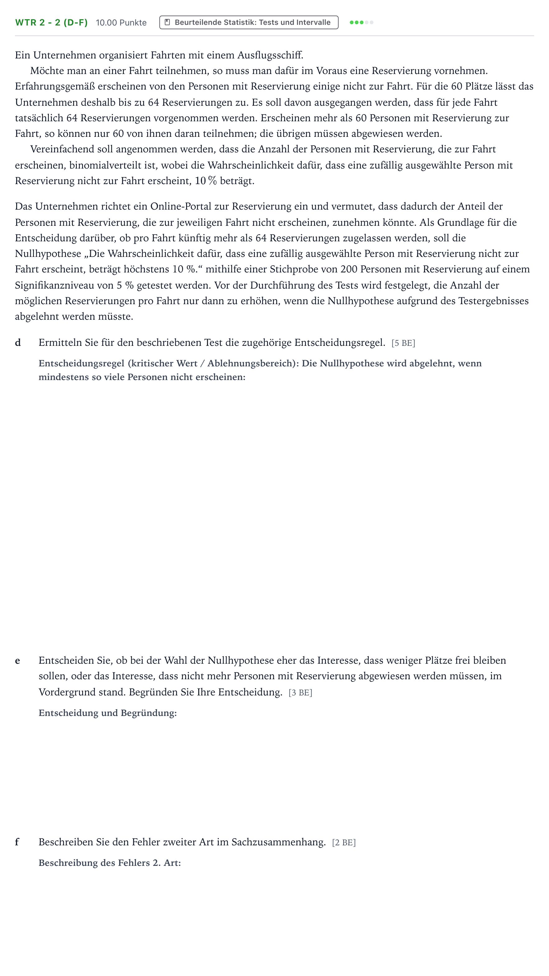 Aufgabenstellung: Aufgabe WTR 2 - 2 (d-f) · Abitur NRW Mathematik LK · Teil B · Stochastik (WTR) 2019