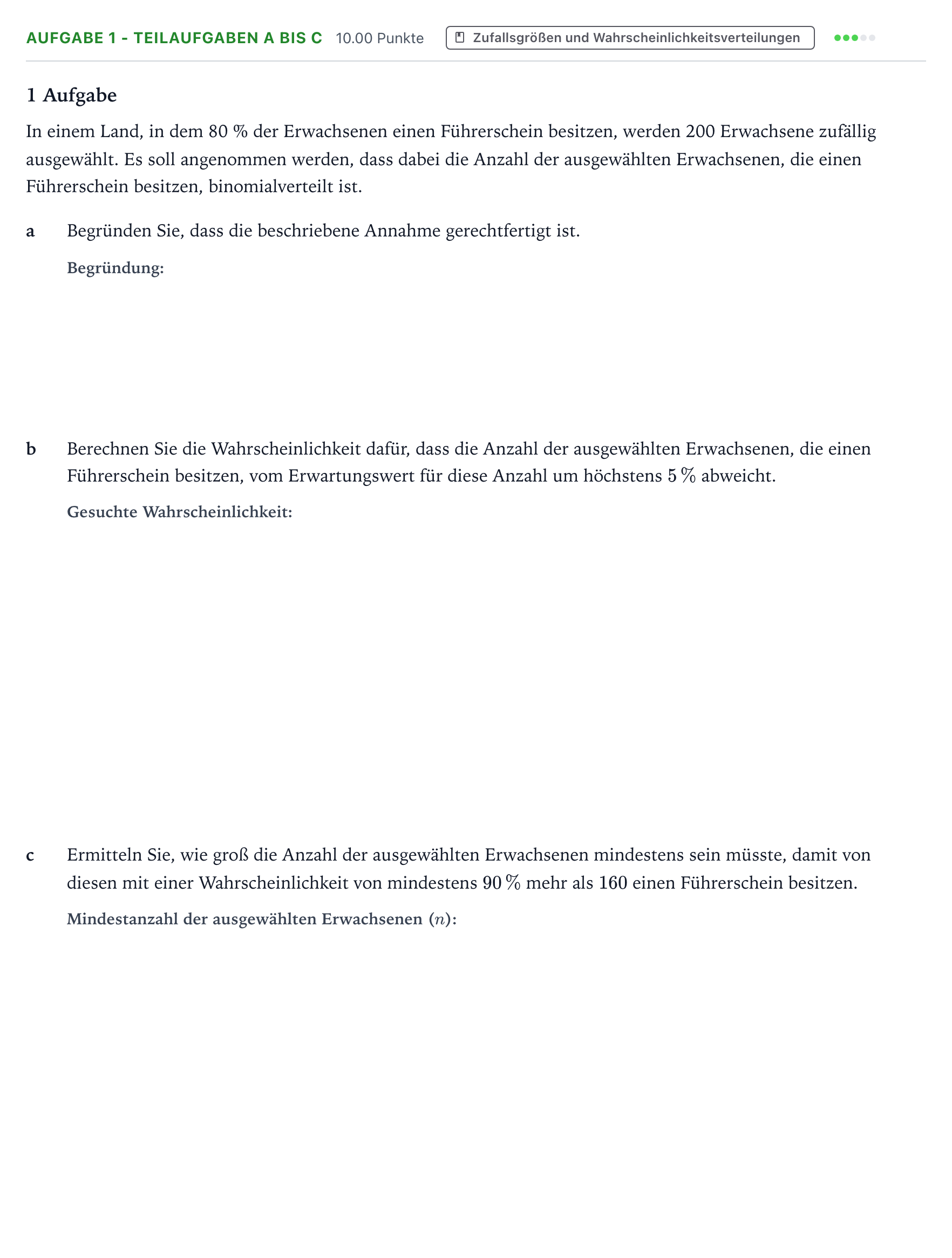 Aufgabenstellung: Aufgabe 1 - Teilaufgaben a bis c · Abitur NRW Mathematik GK · Teil B · Stochastik (CAS) 2019