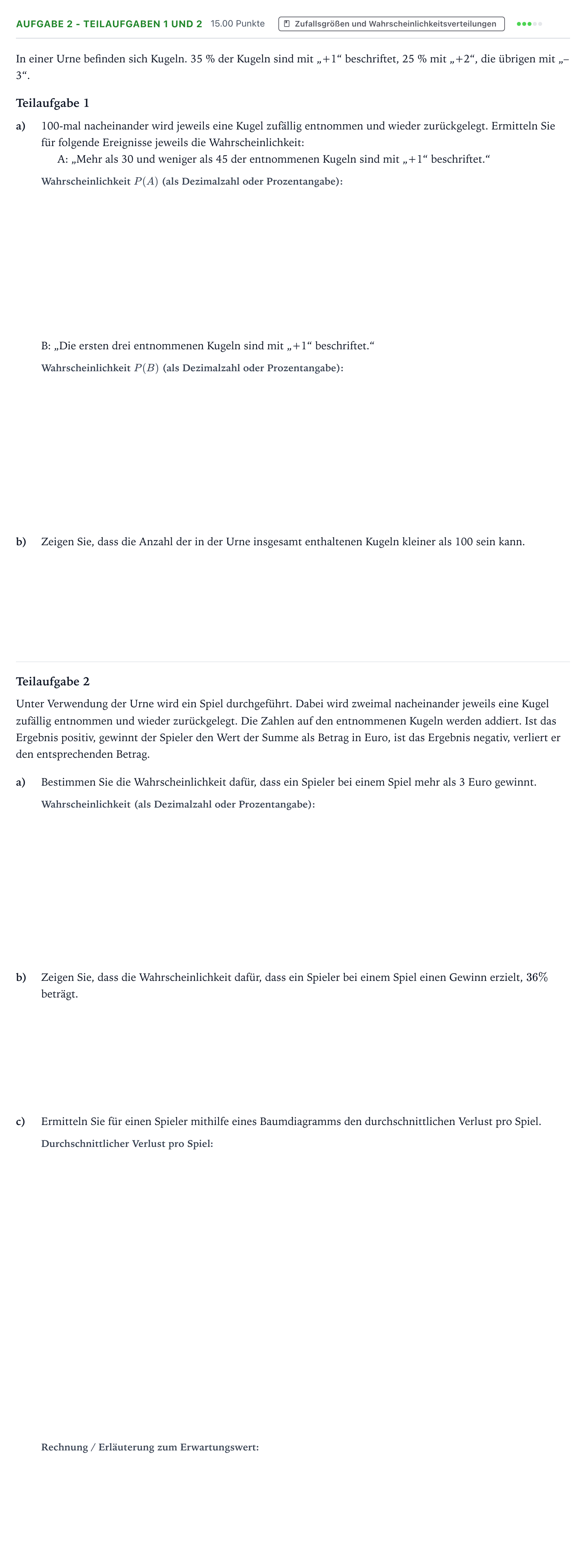 Aufgabenstellung: Aufgabe 2 - Teilaufgaben 1 und 2 · Abitur NRW Mathematik GK · Teil B · Stochastik (CAS) 2019
