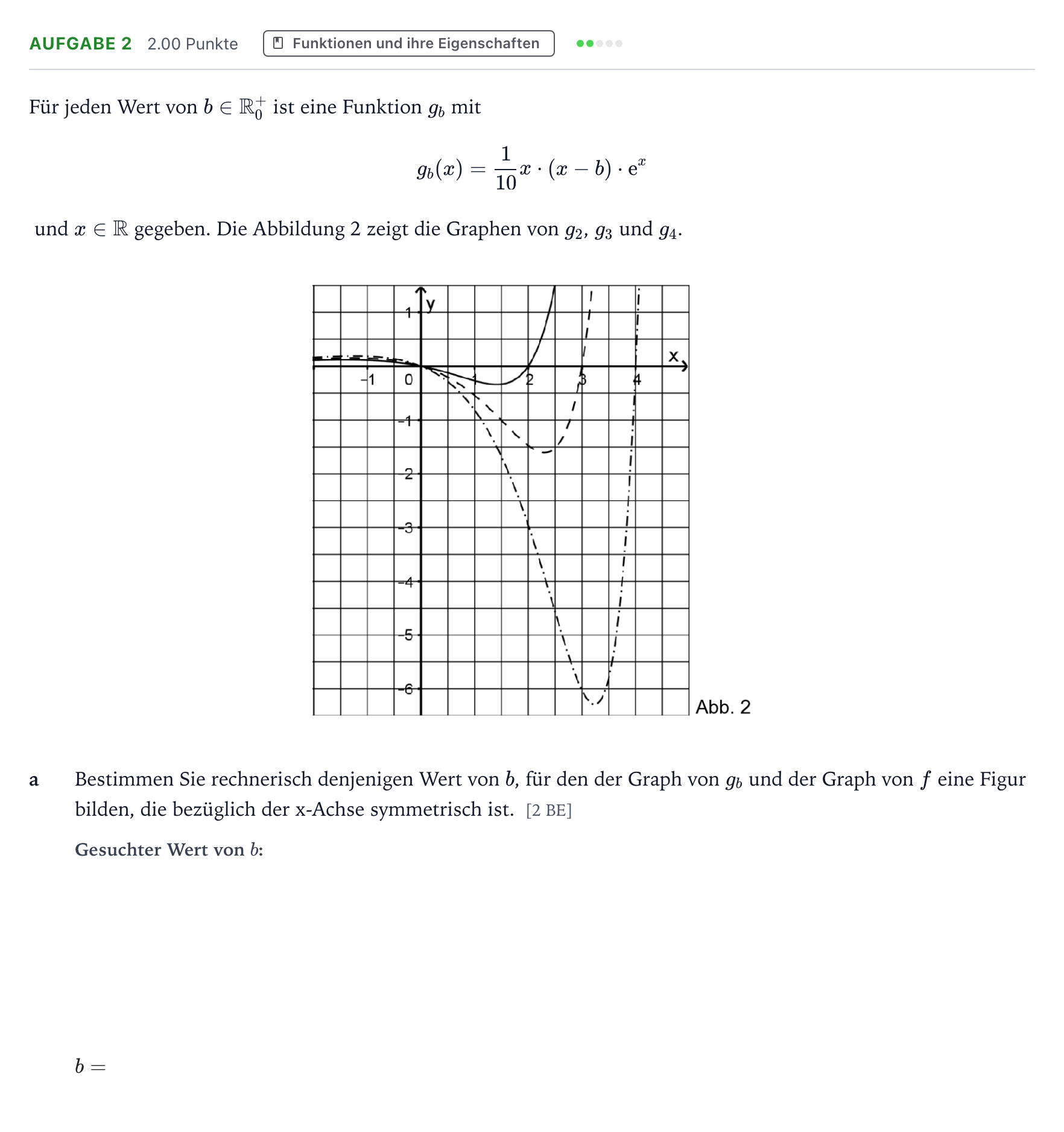 Aufgabenstellung: Aufgabe 2 - Funktionen und ihre Eigenschaften · Abitur NRW Mathematik GK · Teil B · Analysis (CAS) 2020