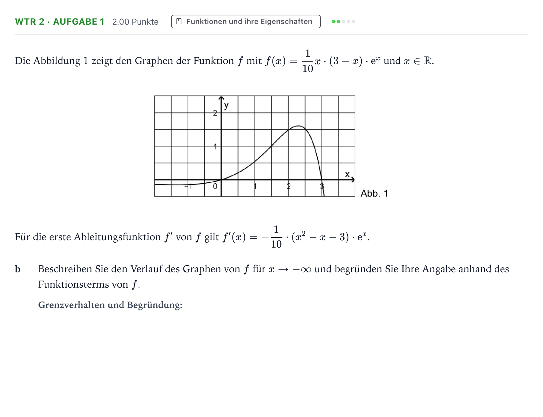 Aufgabenstellung: Aufgabe WTR 2 · Aufgabe 1 - Funktionen und ihre Eigenscha… · Abitur NRW Mathematik GK · Teil B · Analysis (WTR) 2020