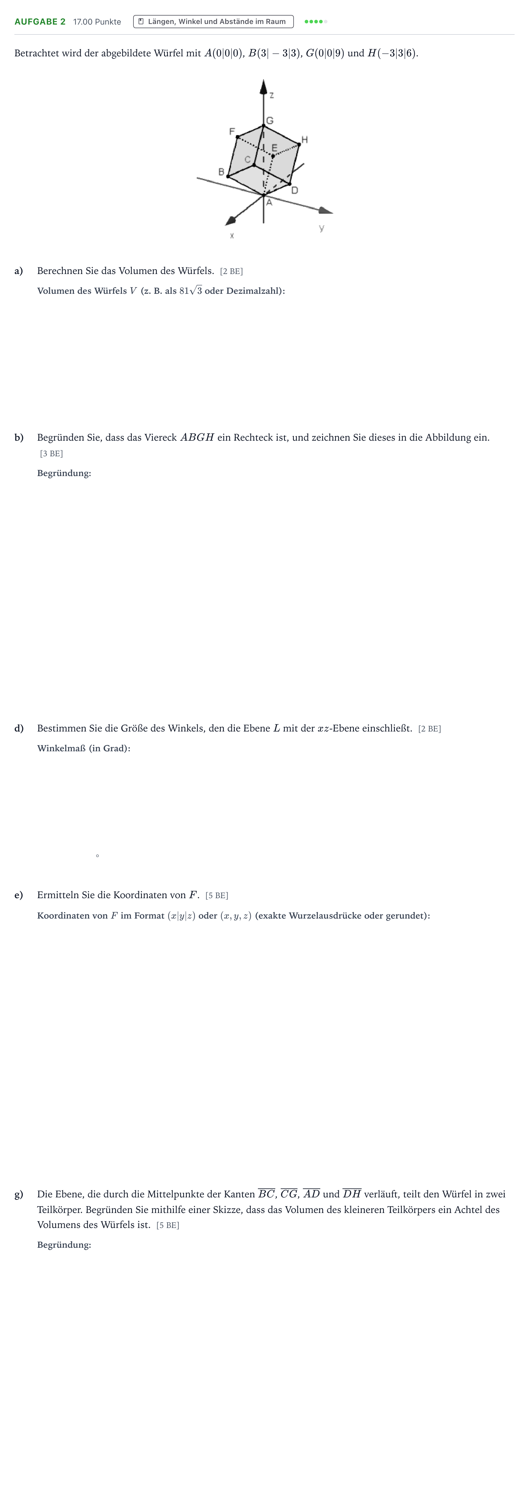 Aufgabenstellung: Aufgabe 2 - Längen, Winkel und Abstände im Raum · Abitur NRW Mathematik LK · Teil B · Analytische Geometrie (CAS 2020