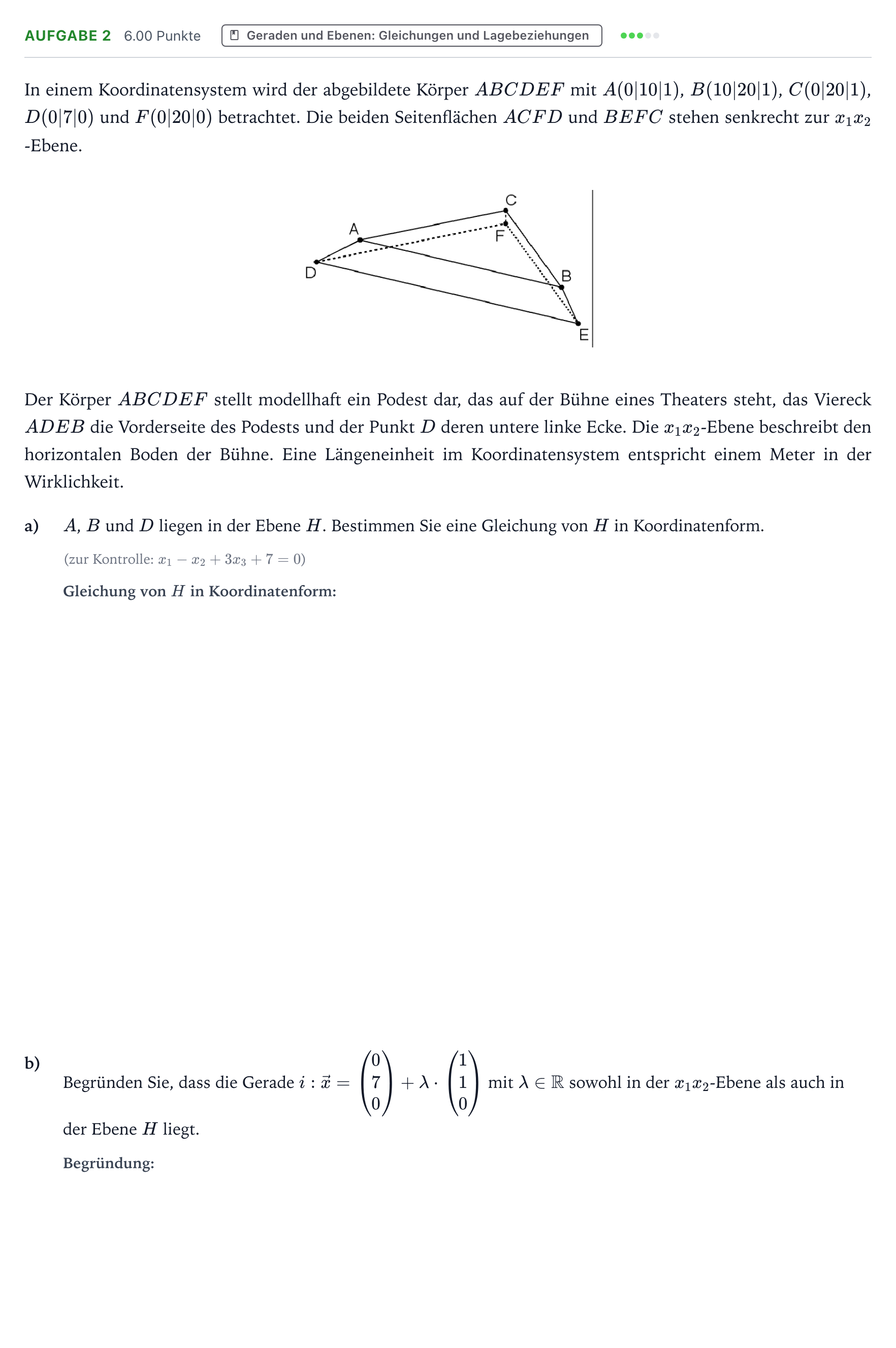 Aufgabenstellung: Aufgabe 2 - Geraden und Ebenen · Abitur NRW Mathematik LK · Teil B · Analytische Geometrie (WTR 2020