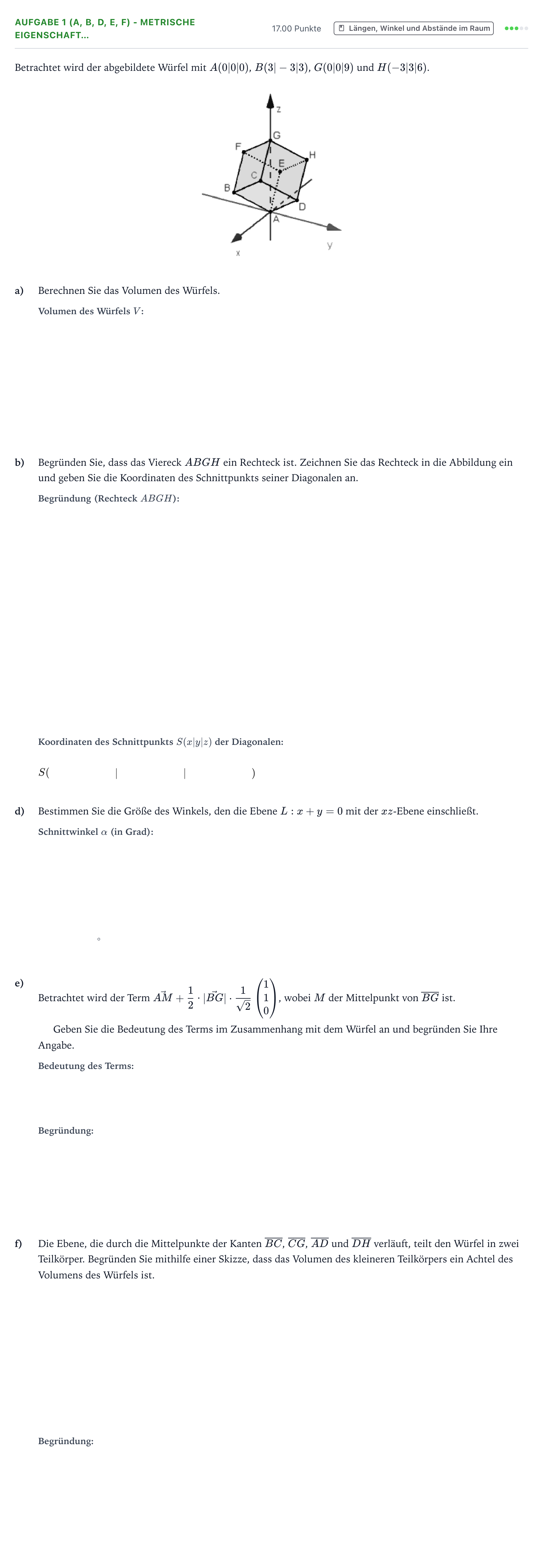 Aufgabenstellung: Aufgabe 1 (a, b, d, e, f) - Metrische Eigenschaft… · Abitur NRW Mathematik GK · Teil B · Analytische Geometrie (CAS 2020