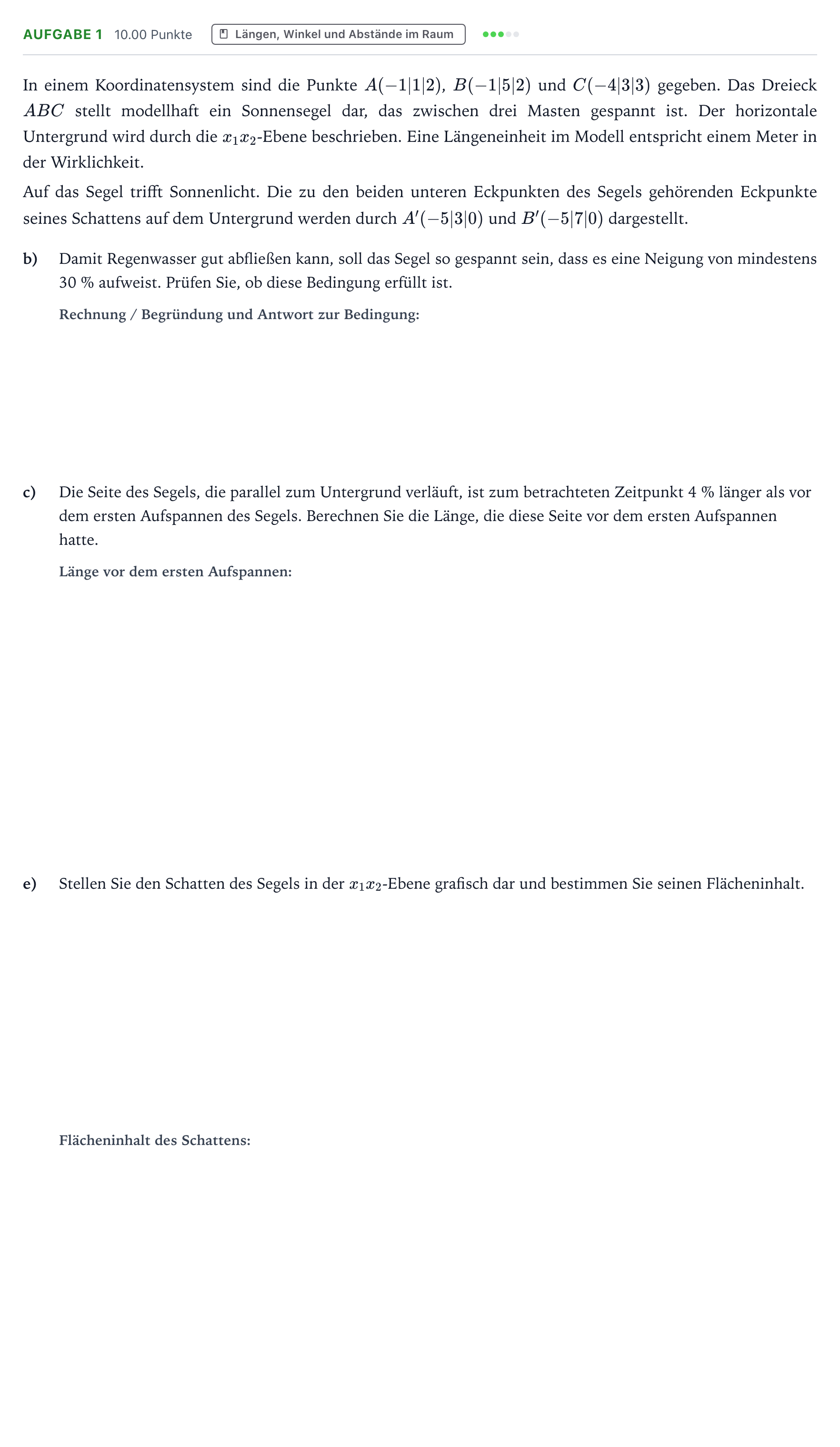 Aufgabenstellung: Aufgabe 1 - Längen, Winkel und Abstände · Abitur NRW Mathematik GK · Teil B · Analytische Geometrie (WTR 2020