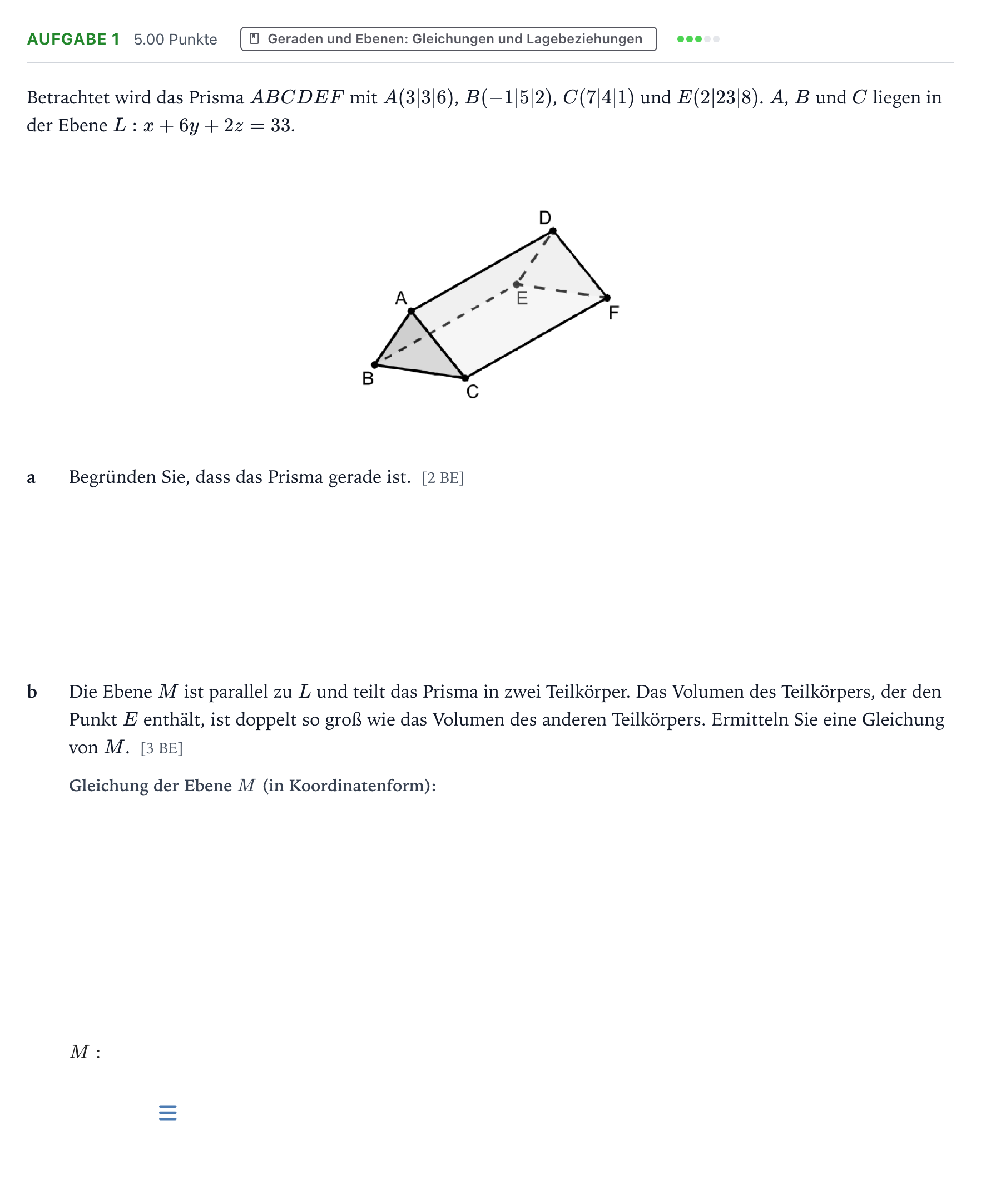 Aufgabenstellung: Aufgabe 1 · Abitur NRW Mathematik GK · Teil A · Analytische Geometrie 2020