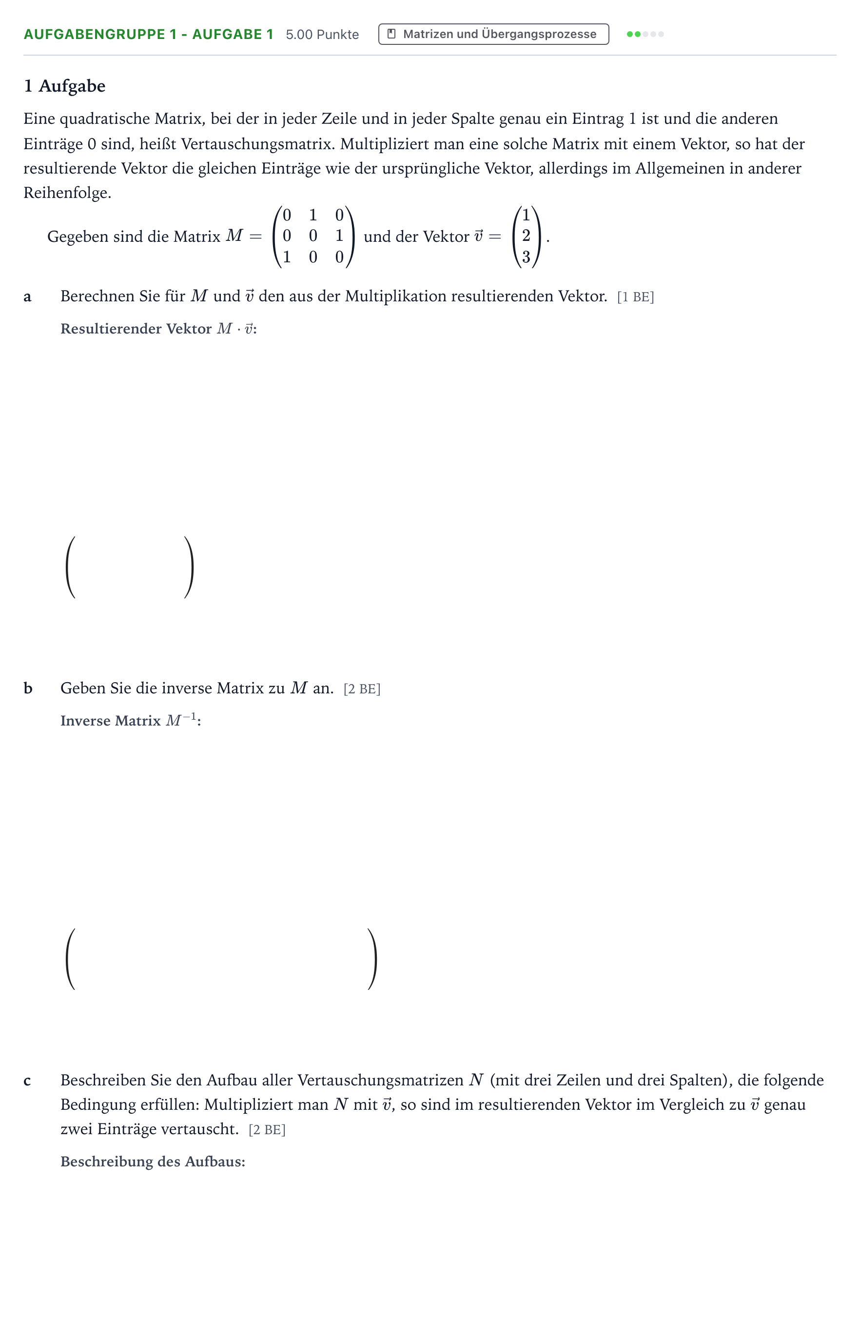 Aufgabenstellung: Aufgabengruppe 1 - Aufgabe 1 · Abitur NRW Mathematik GK · Teil A · Lineare Algebra 2020