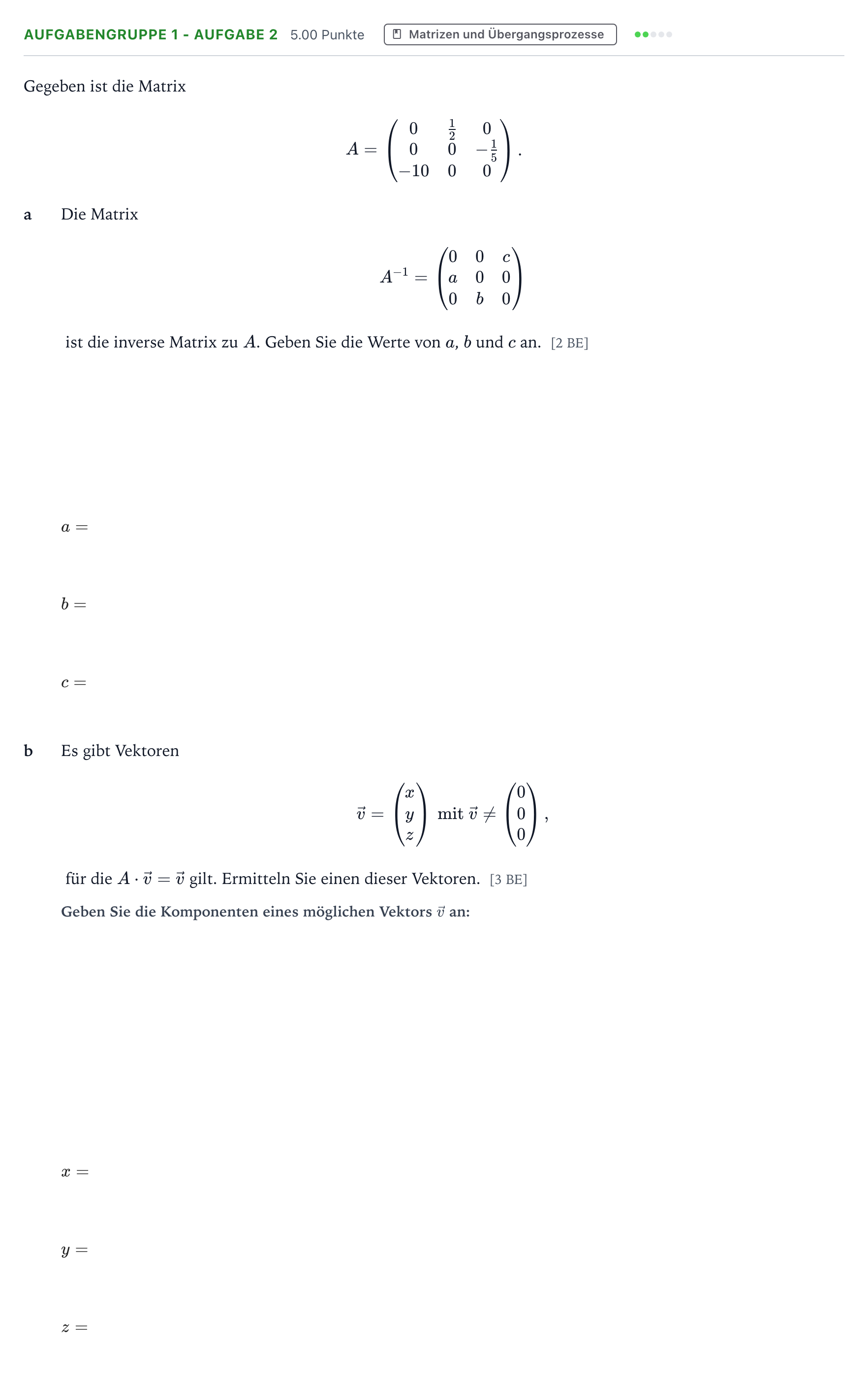 Aufgabenstellung: Aufgabengruppe 1 - Aufgabe 2 · Abitur NRW Mathematik GK · Teil A · Lineare Algebra 2020