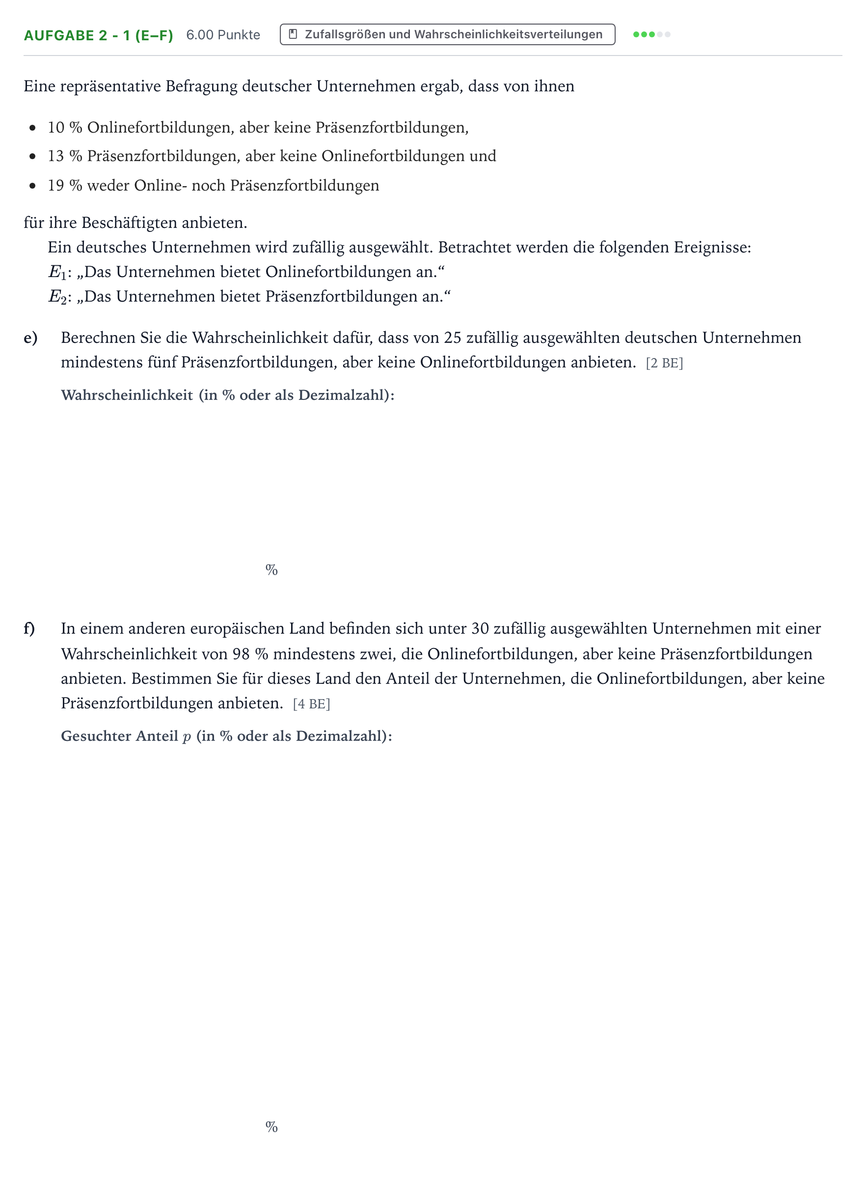 Aufgabenstellung: Aufgabe 2 - 1 (e–f) · Abitur NRW Mathematik GK · Teil B · Stochastik (CAS) 2020