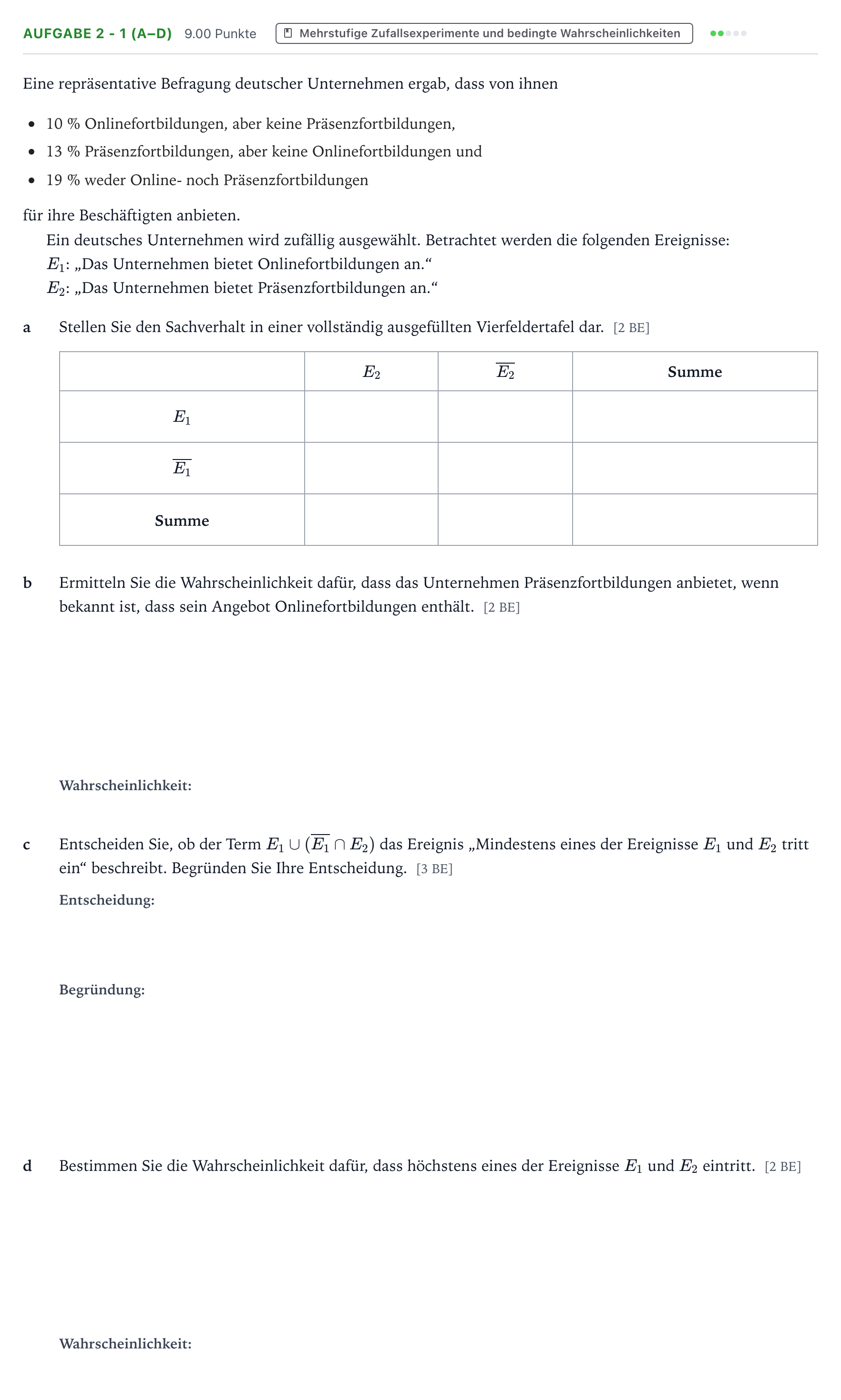 Aufgabenstellung: Aufgabe 2 - 1 (a–d) · Abitur NRW Mathematik GK · Teil B · Stochastik (CAS) 2020