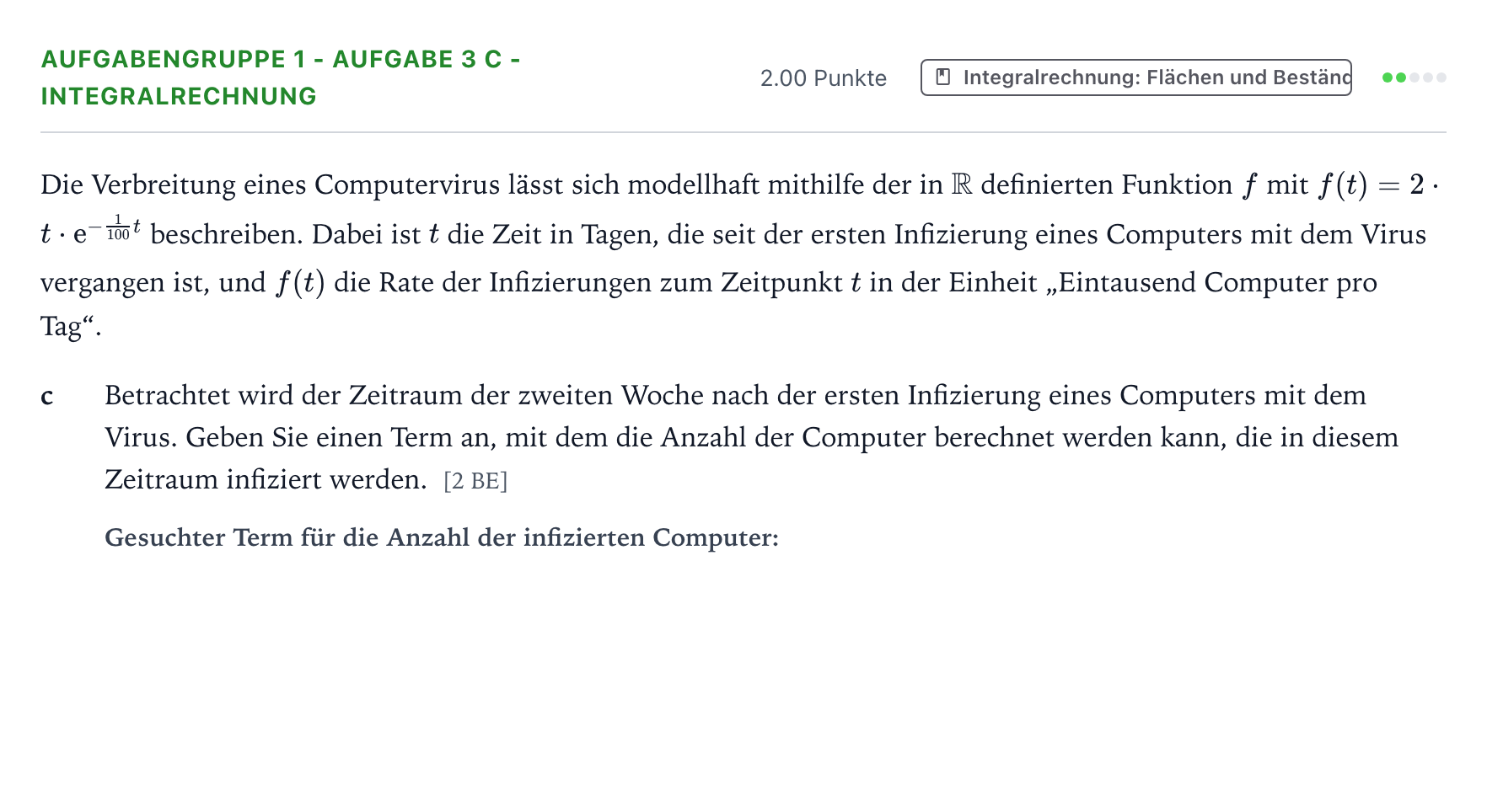 Aufgabenstellung: Aufgabengruppe 1 - Aufgabe 3 c - Integralrechnung · Abitur NRW Mathematik LK · Teil A · Analysis 2021