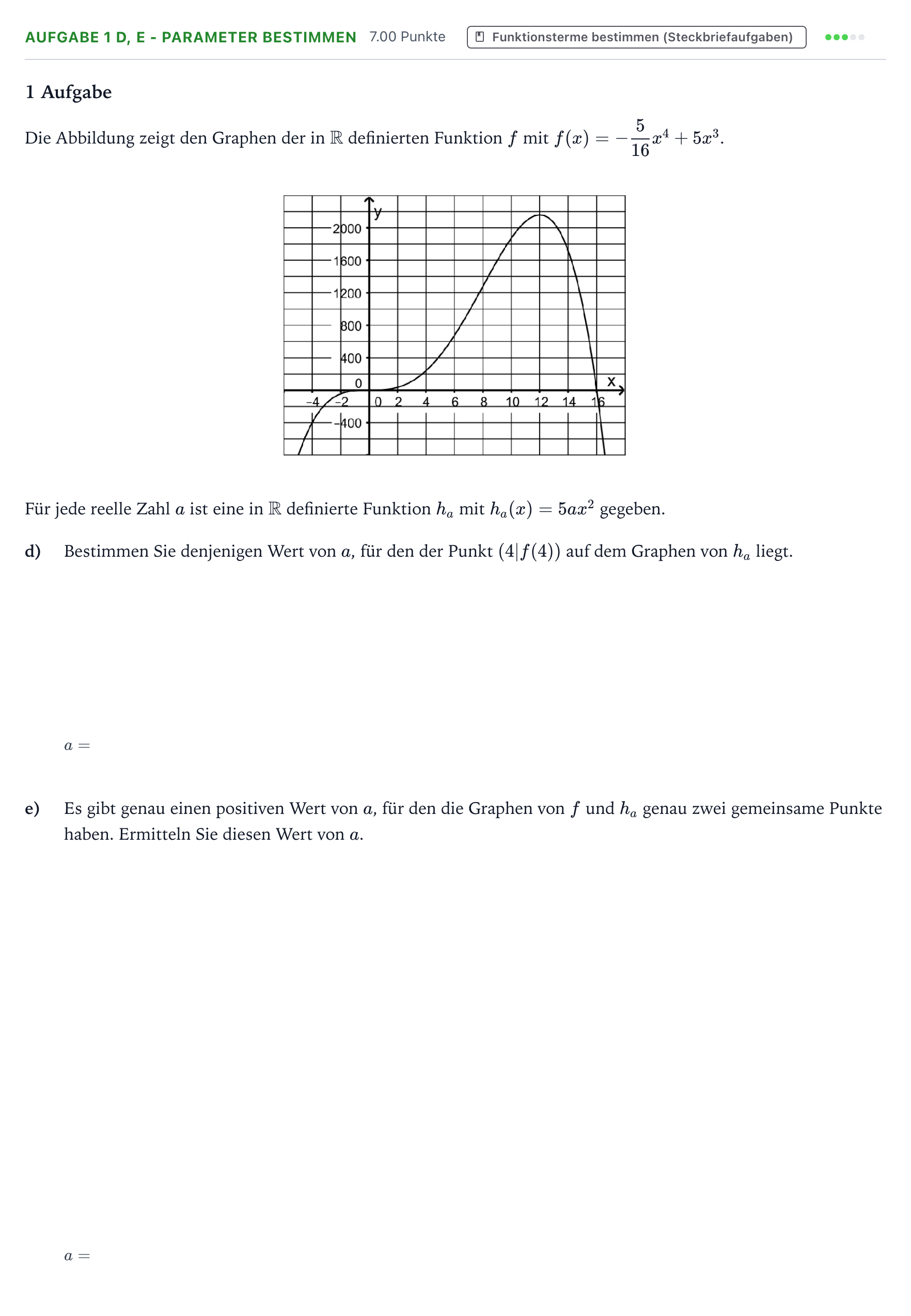 Aufgabenstellung: Aufgabe 1 d, e - Parameter bestimmen · Abitur NRW Mathematik GK · Teil B · Analysis (WTR) 2021
